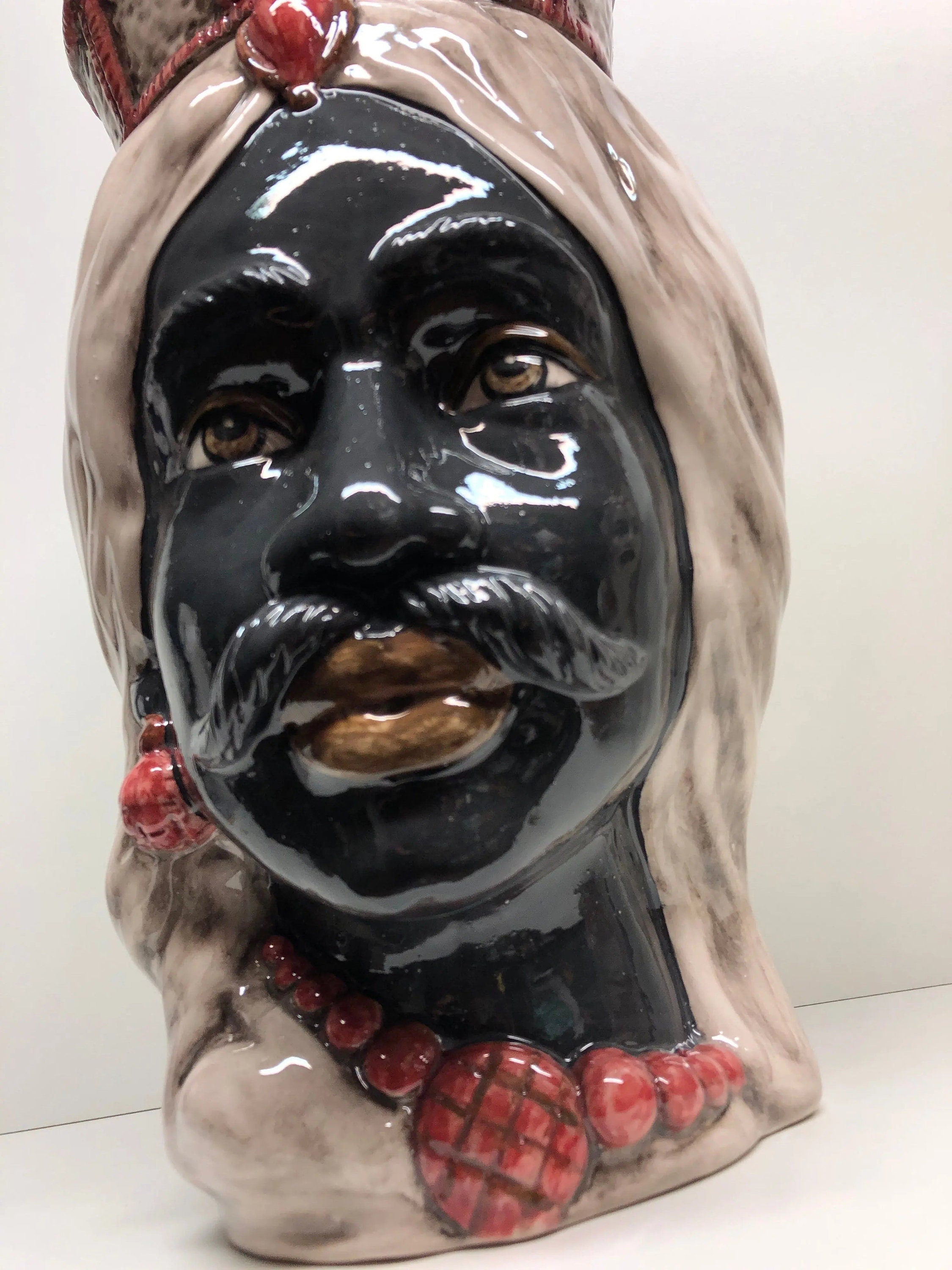 Teste di Moro Corona Retta Ceramica Caltagirone cm H.38 L.24 Artigianale dettagli Bordeaux DD CERAMICHE SICILIANE