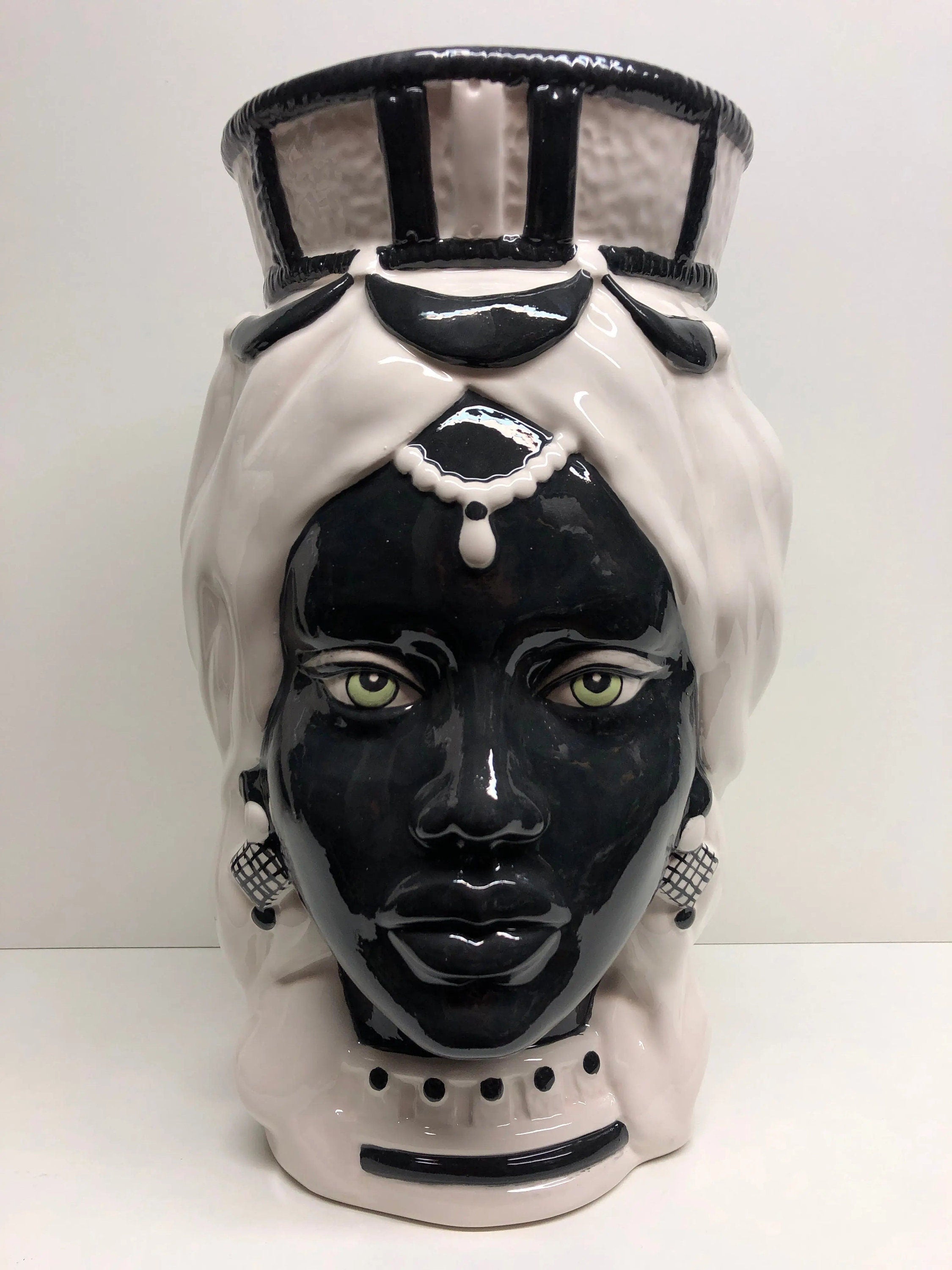 Teste di Moro Corona Retta Ceramica Caltagirone cm H.38 L.24 Artigianale Bianco Nero DD CERAMICHE SICILIANE