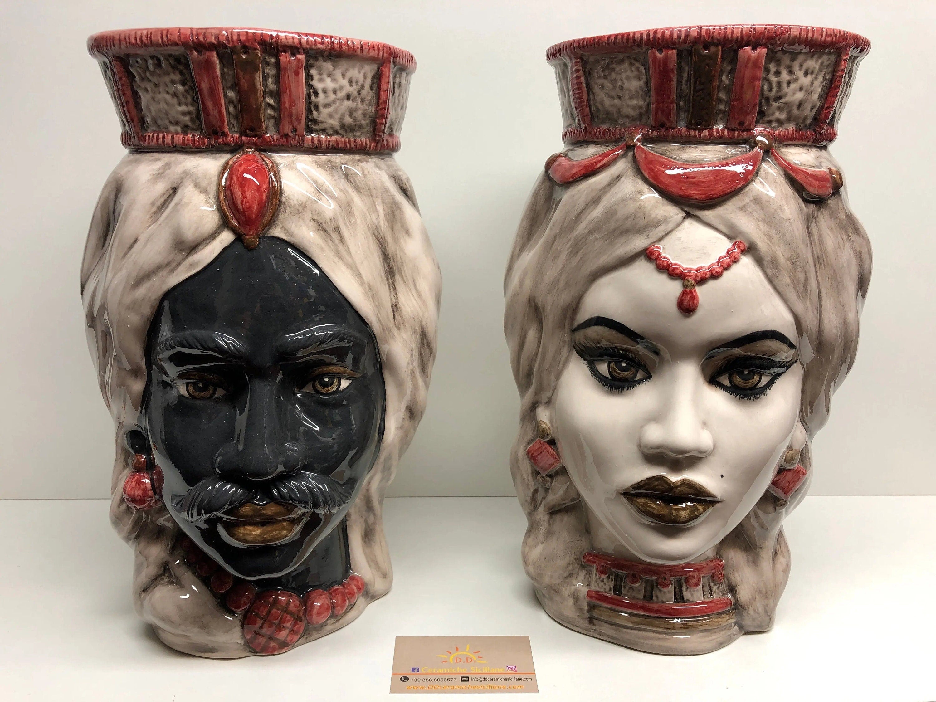 Teste di Moro Corona Retta Ceramica Caltagirone cm H.38 L.24 Artigianale dettagli Bordeaux DD CERAMICHE SICILIANE