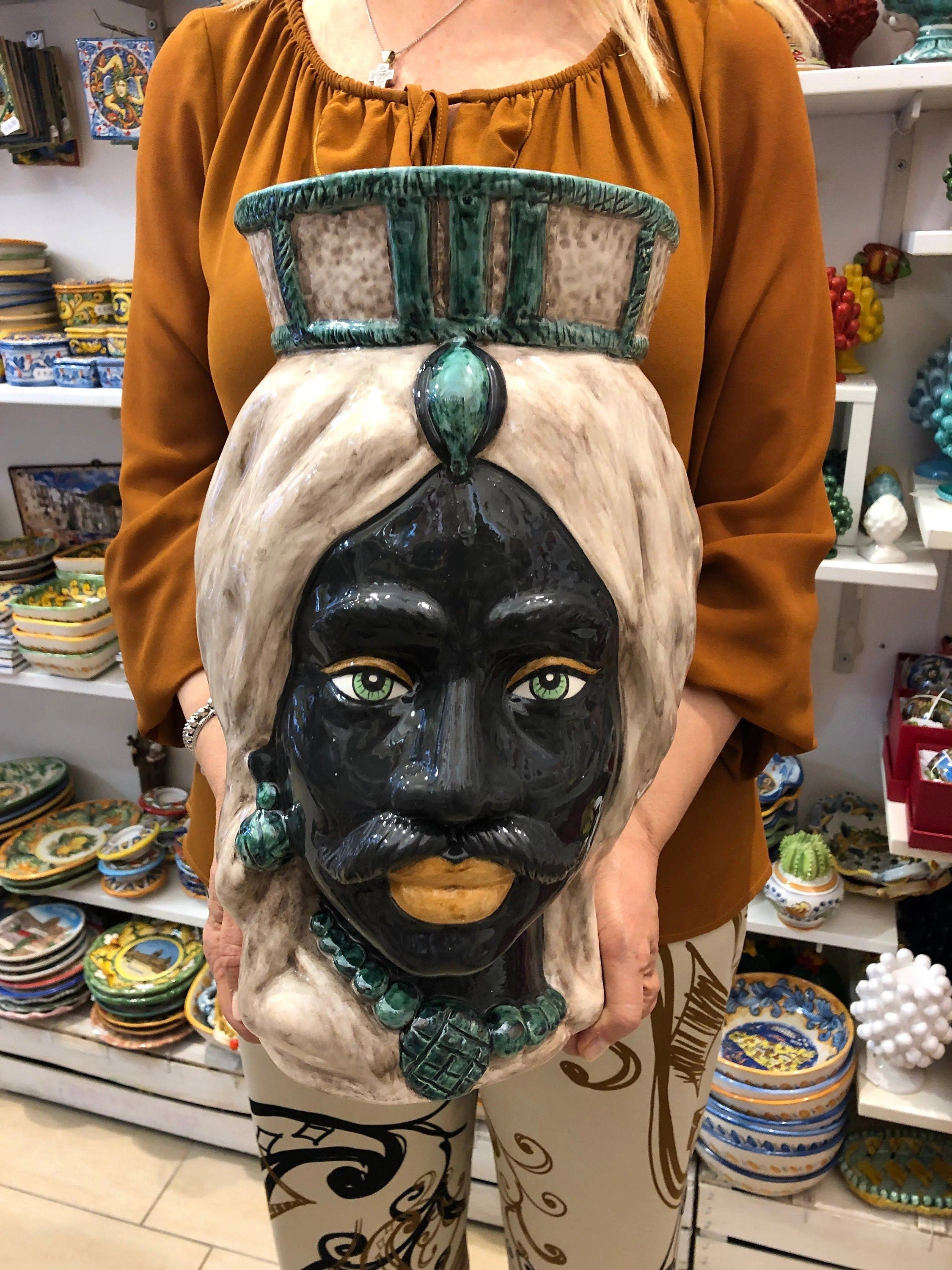 Teste di Moro Corona Retta Ceramica Caltagirone cm H.38 L.24 Artigianale dettagli Verde Acqua DD CERAMICHE SICILIANE