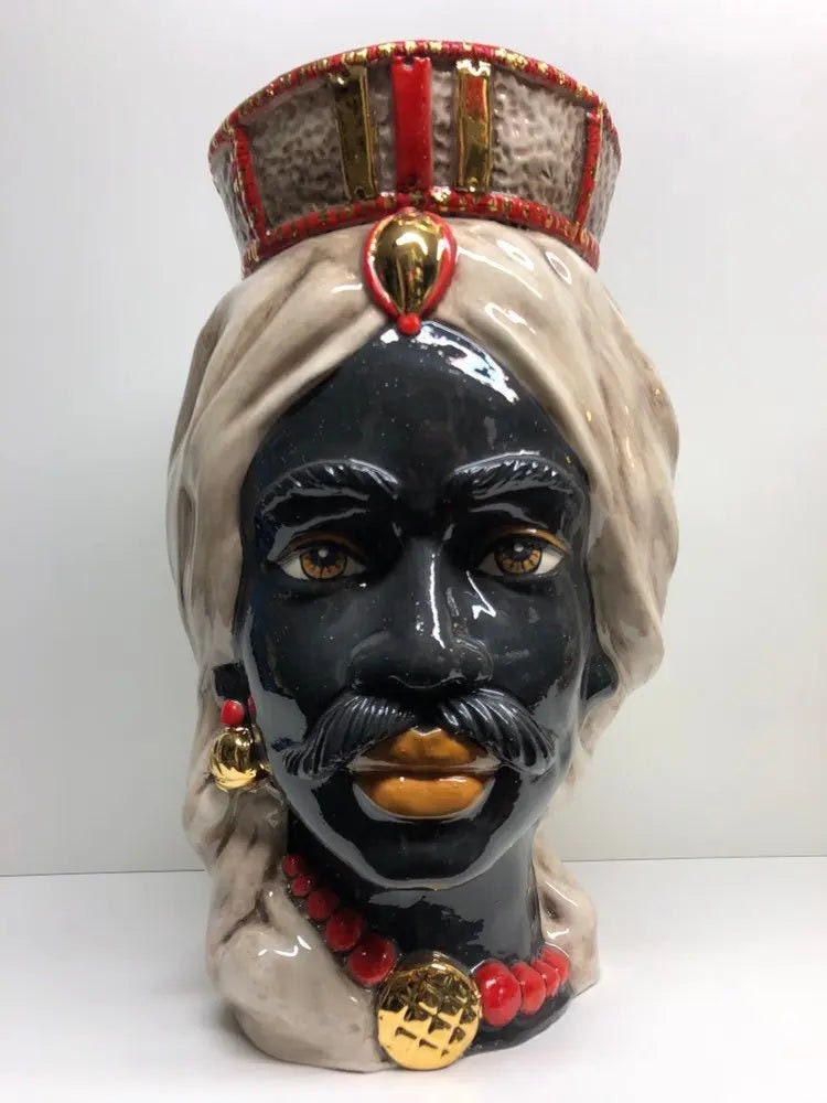 Teste di Moro Corona Retta Ceramica Caltagirone cm H.38 L.24 Artigianale dettagli Rosso Oro DD CERAMICHE SICILIANE