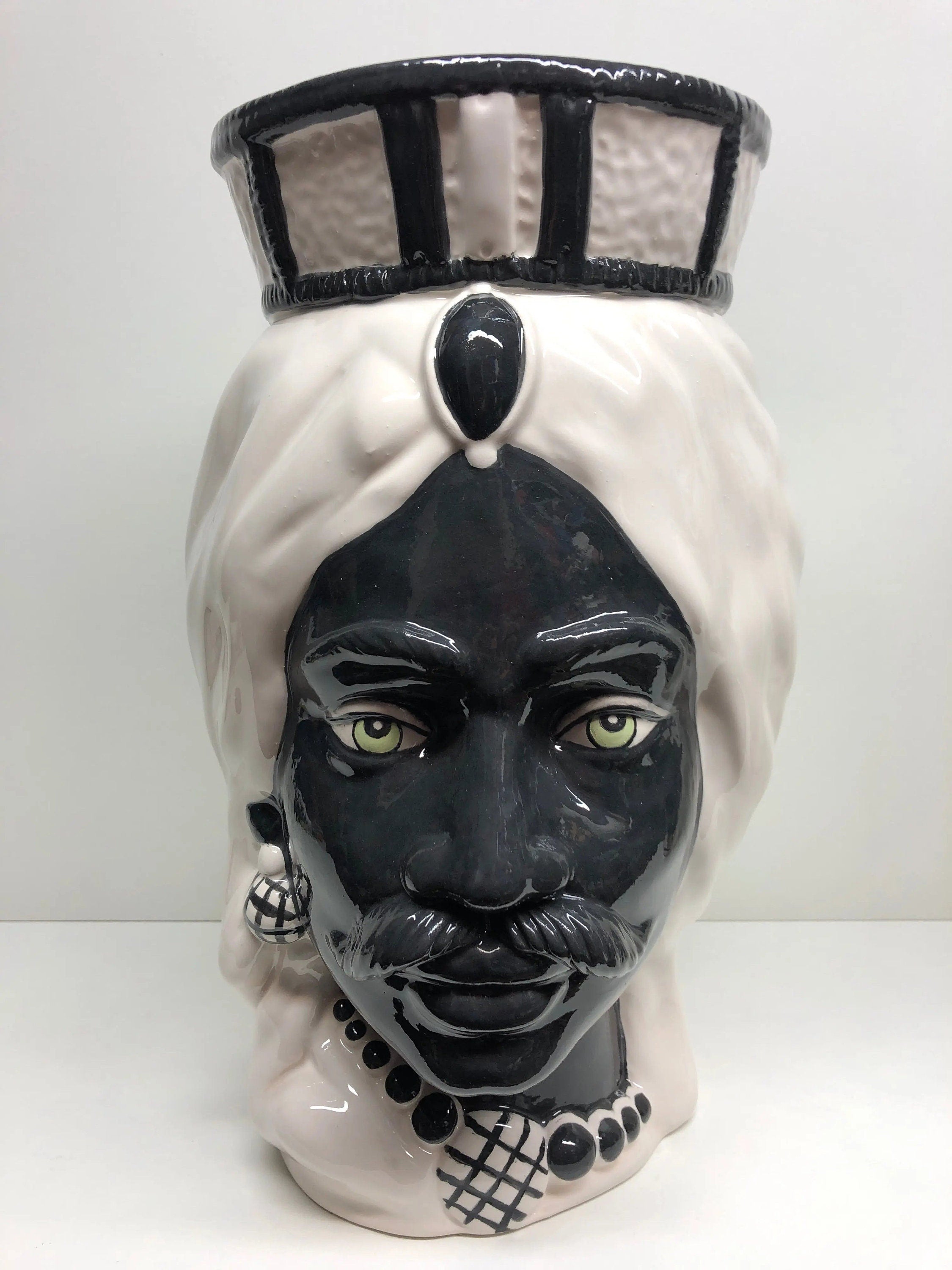 Teste di Moro Corona Retta Ceramica Caltagirone cm H.38 L.24 Artigianale Bianco Nero DD CERAMICHE SICILIANE