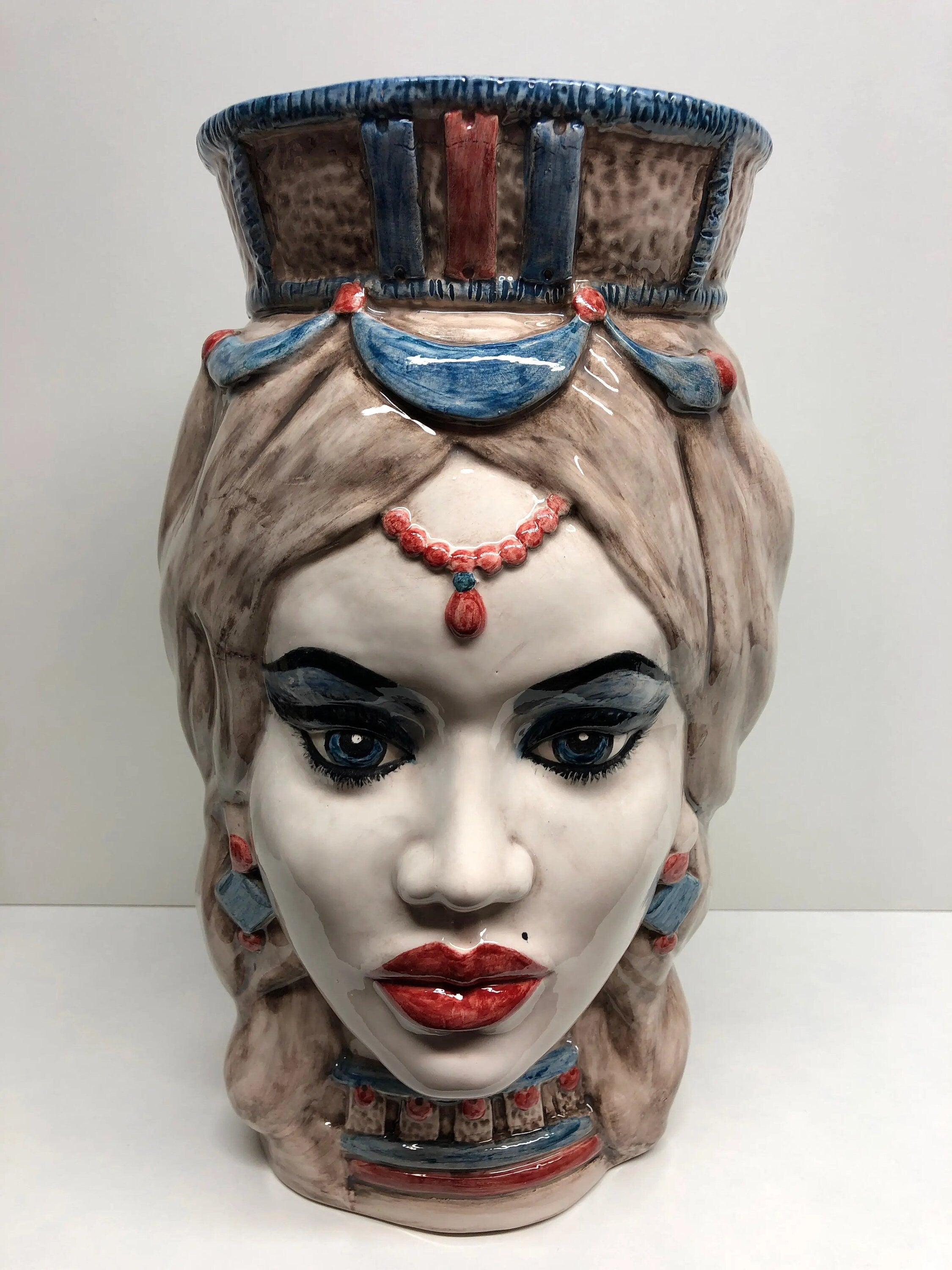 Teste di Moro Corona Retta Ceramica Caltagirone cm H.38 L.24 Artigianale dettagli Blu Antico DD CERAMICHE SICILIANE