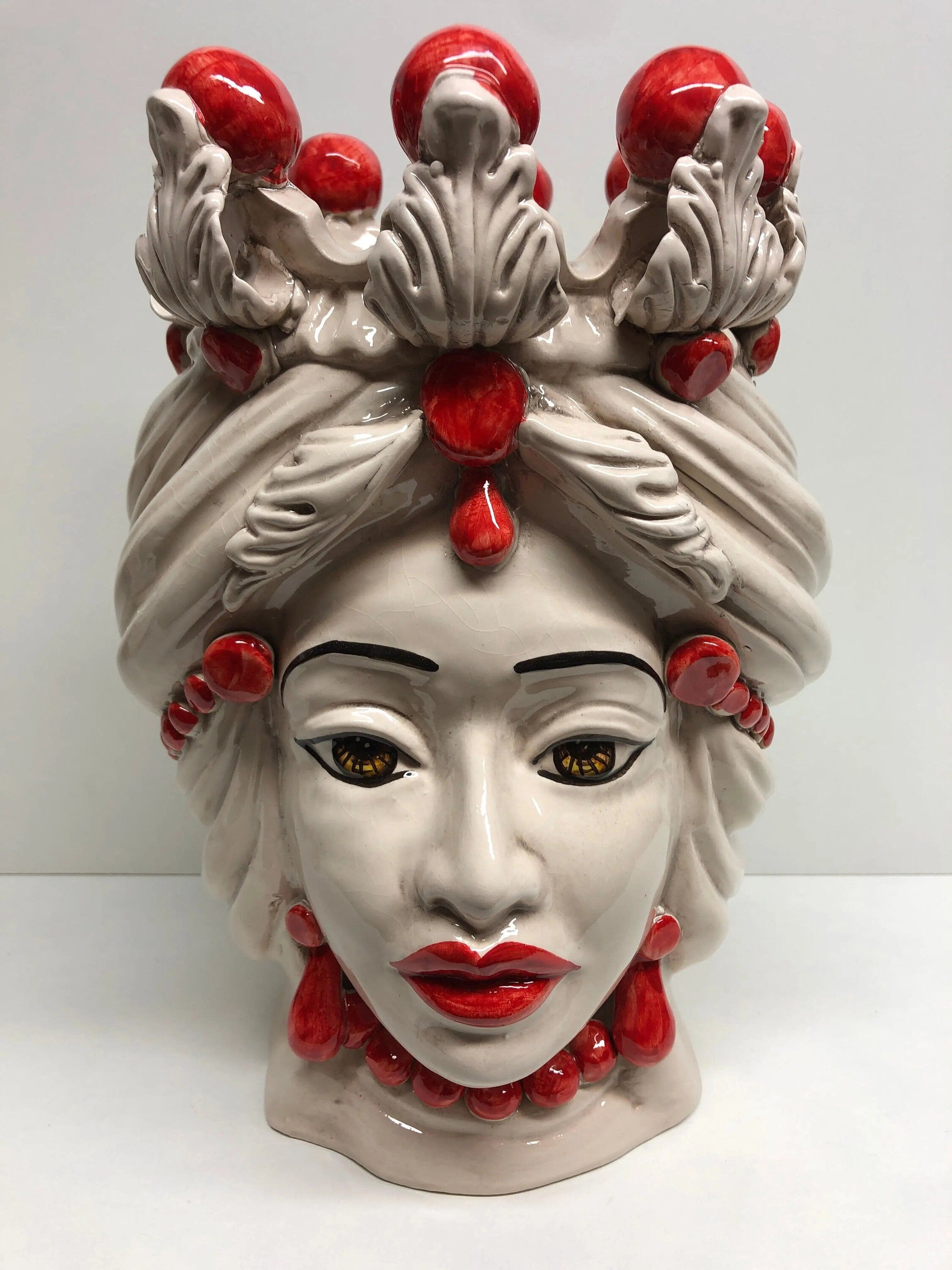 Teste di Moro Corona Sfere Rosso Ceramica Caltagirone cm H.30 L.20 Artigianale DD CERAMICHE SICILIANE