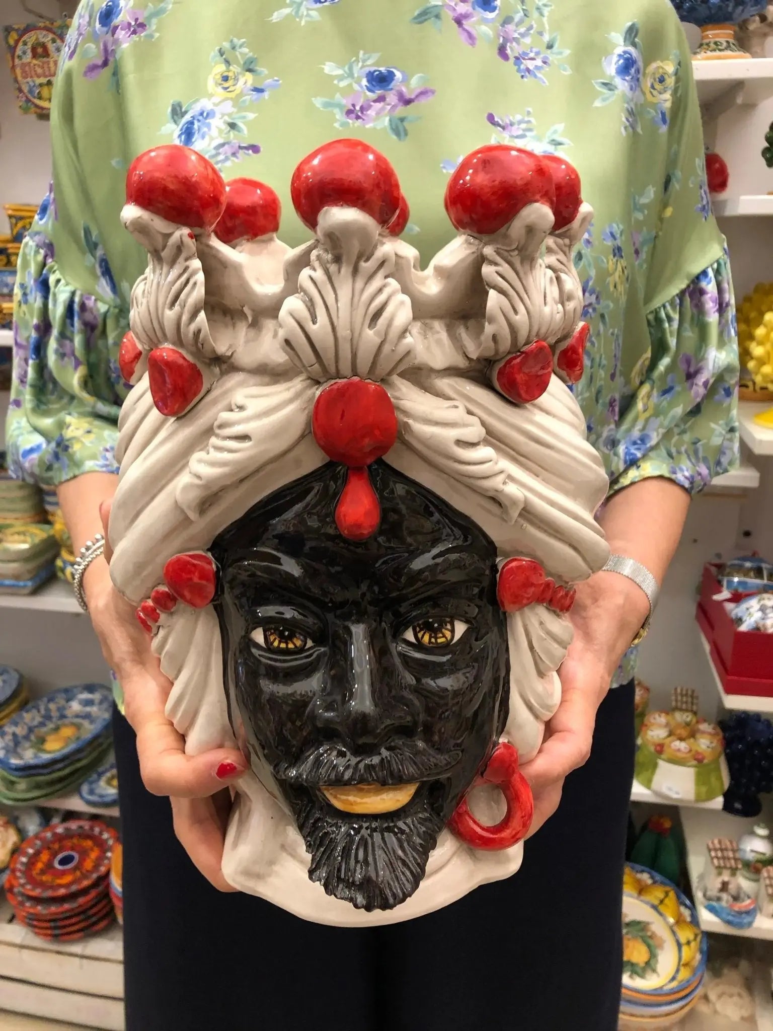 Teste di Moro Corona Sfere Rosso Ceramica Caltagirone cm H.30 L.20 Artigianale - DD CERAMICHE SICILIANE