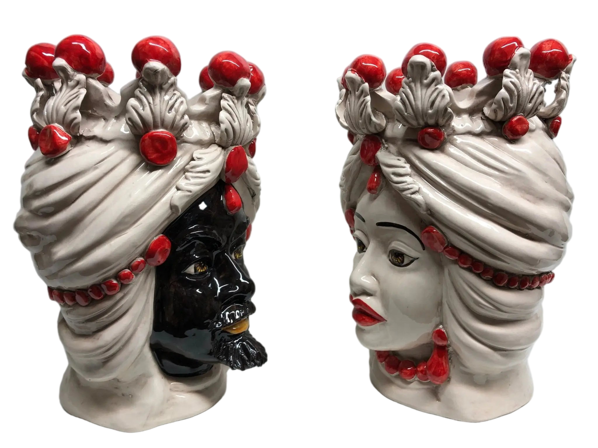 Teste di Moro Corona Sfere Rosso Ceramica Caltagirone cm H.30 L.20 Artigianale - DD CERAMICHE SICILIANE