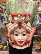 Teste di Moro Corona Sfere Rosso Ceramica Caltagirone cm H.30 L.20 Artigianale DD CERAMICHE SICILIANE