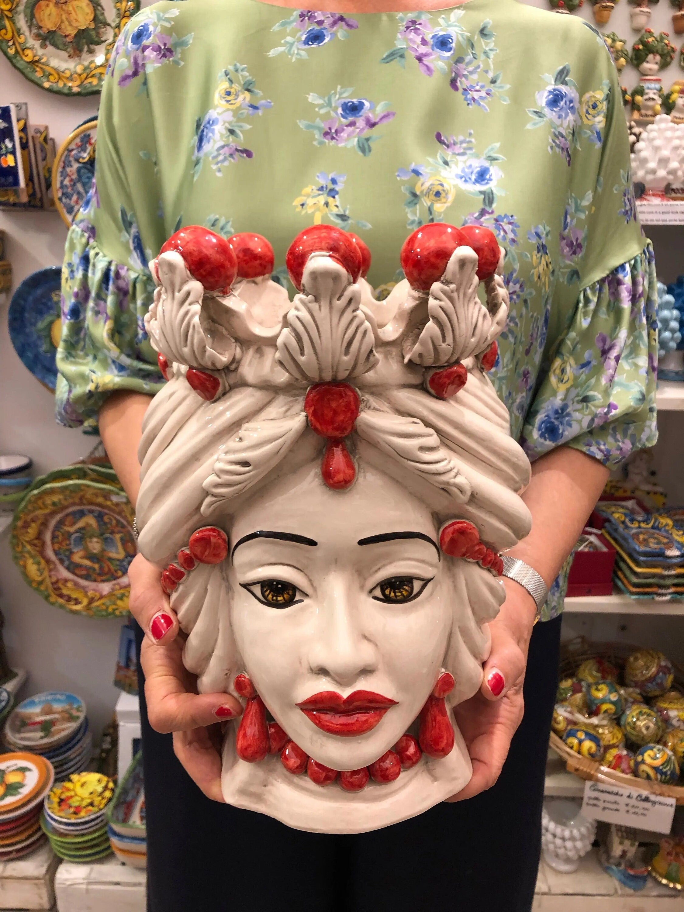 Teste di Moro Corona Sfere Rosso Ceramica Caltagirone cm H.30 L.20 Artigianale DD CERAMICHE SICILIANE