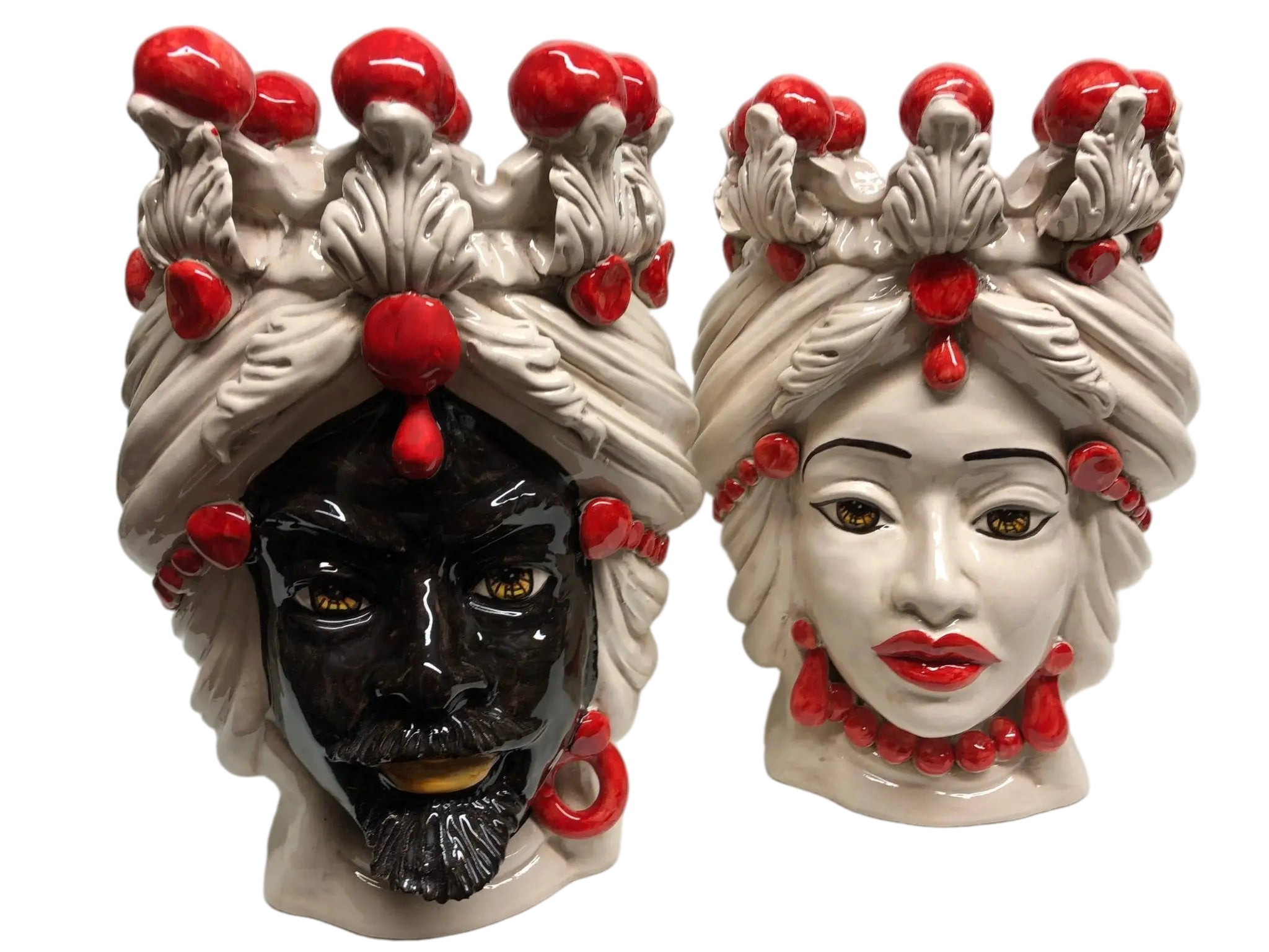 Teste di Moro Corona Sfere Rosso Ceramica Caltagirone cm H.30 L.20 Artigianale - DD CERAMICHE SICILIANE