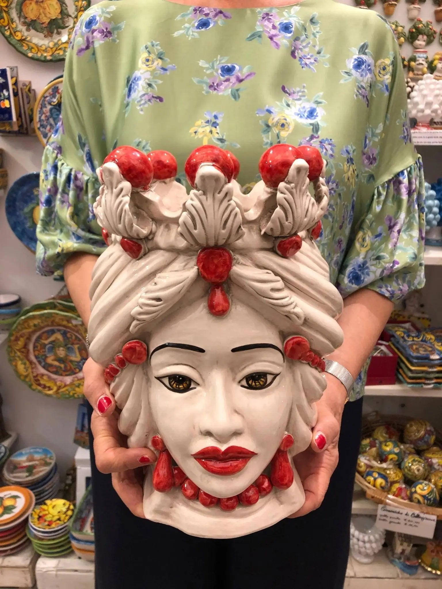 Teste di Moro Corona Sfere Rosso Ceramica Caltagirone cm H.30 L.20 Artigianale - DD CERAMICHE SICILIANE