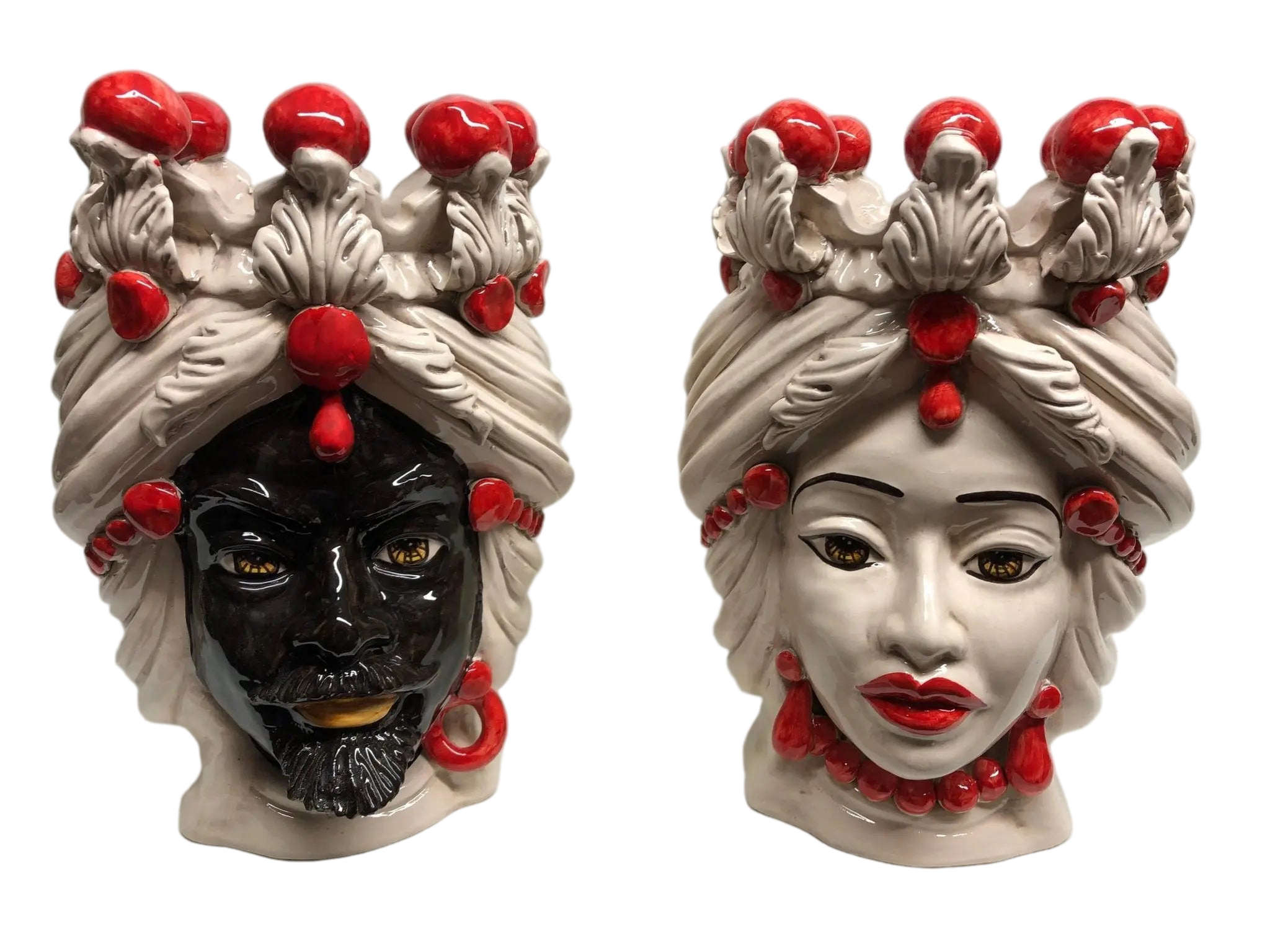 Teste di Moro Corona Sfere Rosso Ceramica Caltagirone cm H.30 L.20 Artigianale - DD CERAMICHE SICILIANE