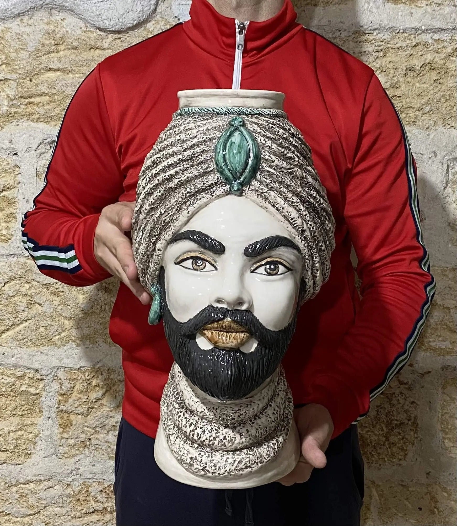 Teste di Moro Demetra Ceramica Caltagirone cm H.40 L.22 Artigianale Écru Verde Acqua DD CERAMICHE SICILIANE