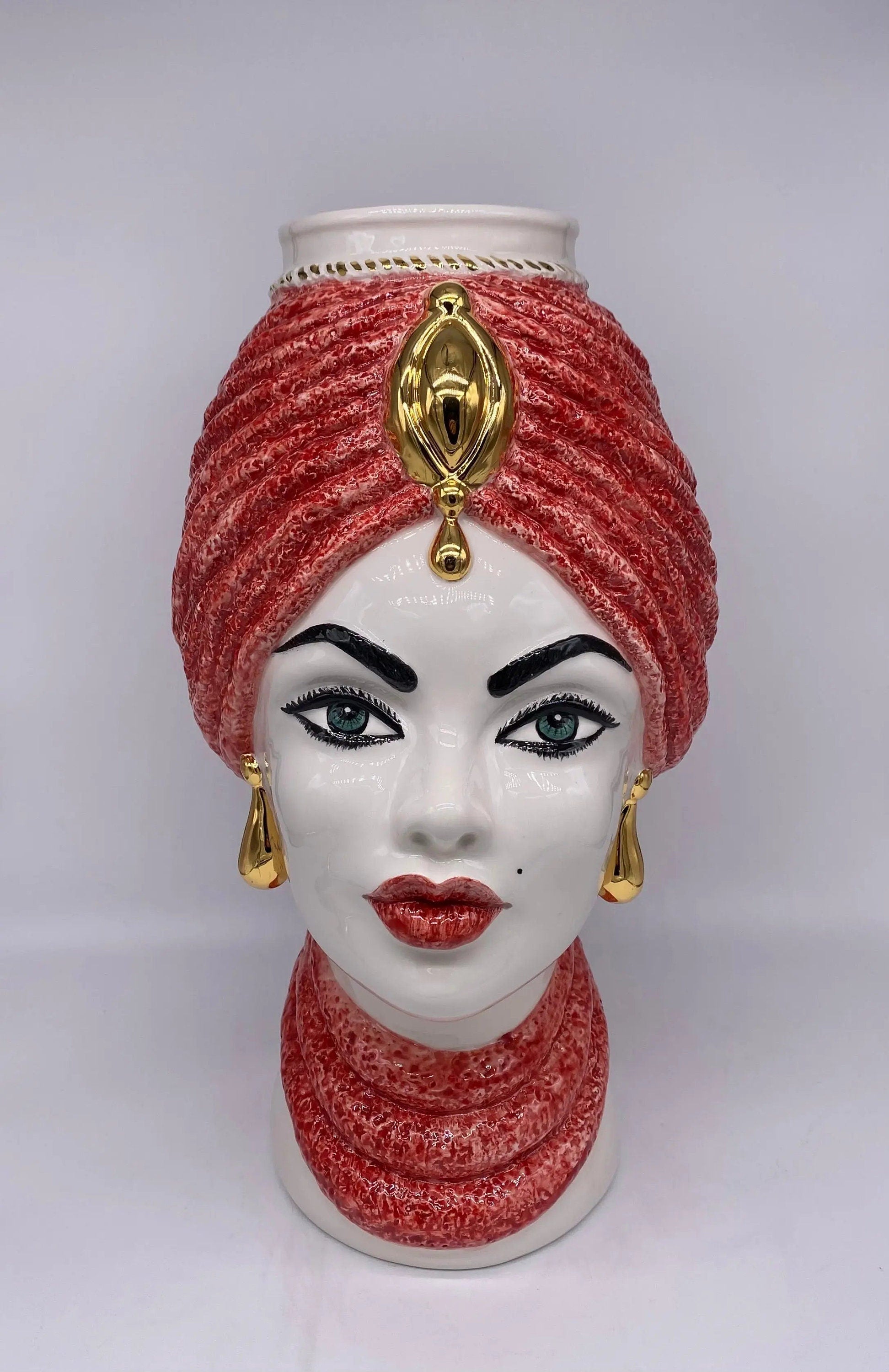 Teste di Moro Demetra Ceramica Caltagirone cm H.40 L.22 Artigianale Rosso Oro DD CERAMICHE SICILIANE