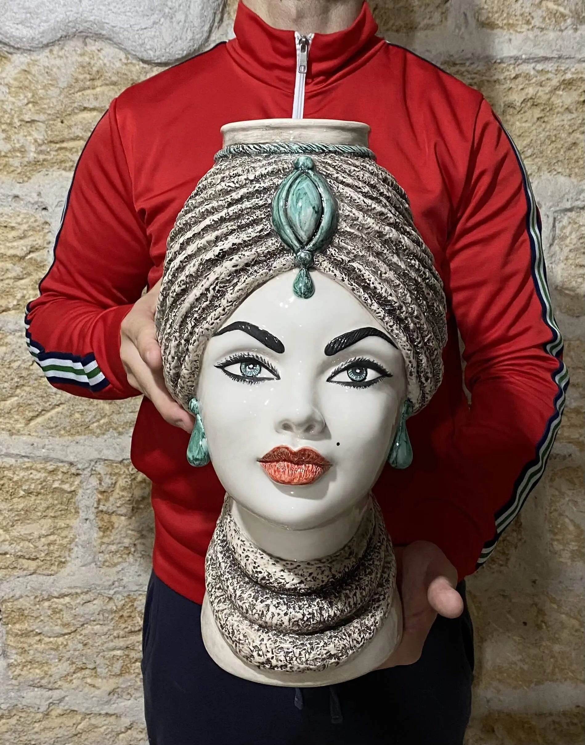 Teste di Moro Demetra Ceramica Caltagirone cm H.40 L.22 Artigianale Écru Verde Acqua DD CERAMICHE SICILIANE