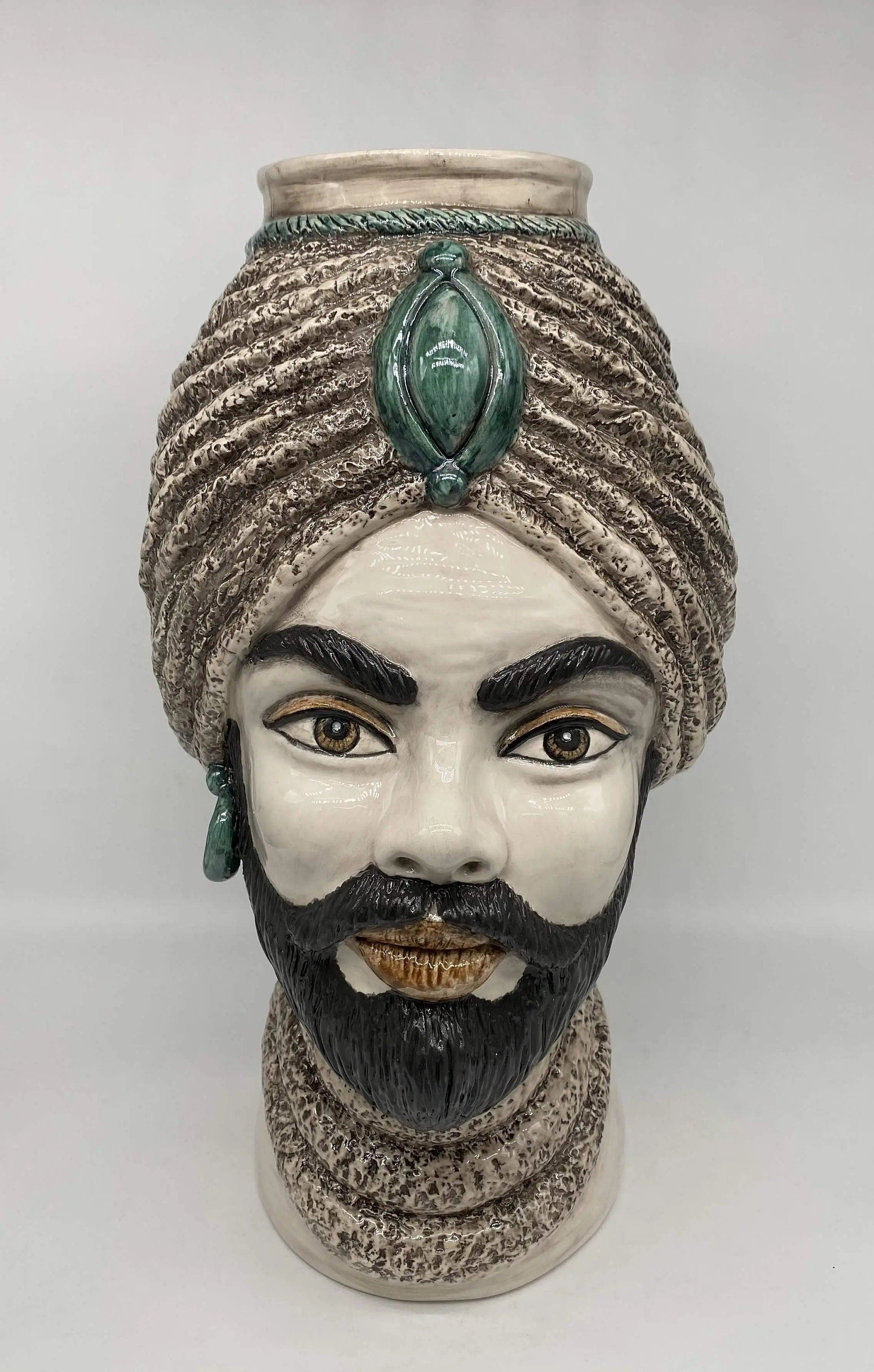 Teste di Moro Demetra Ceramica Caltagirone cm H.40 L.22 Artigianale Écru Verde Acqua DD CERAMICHE SICILIANE