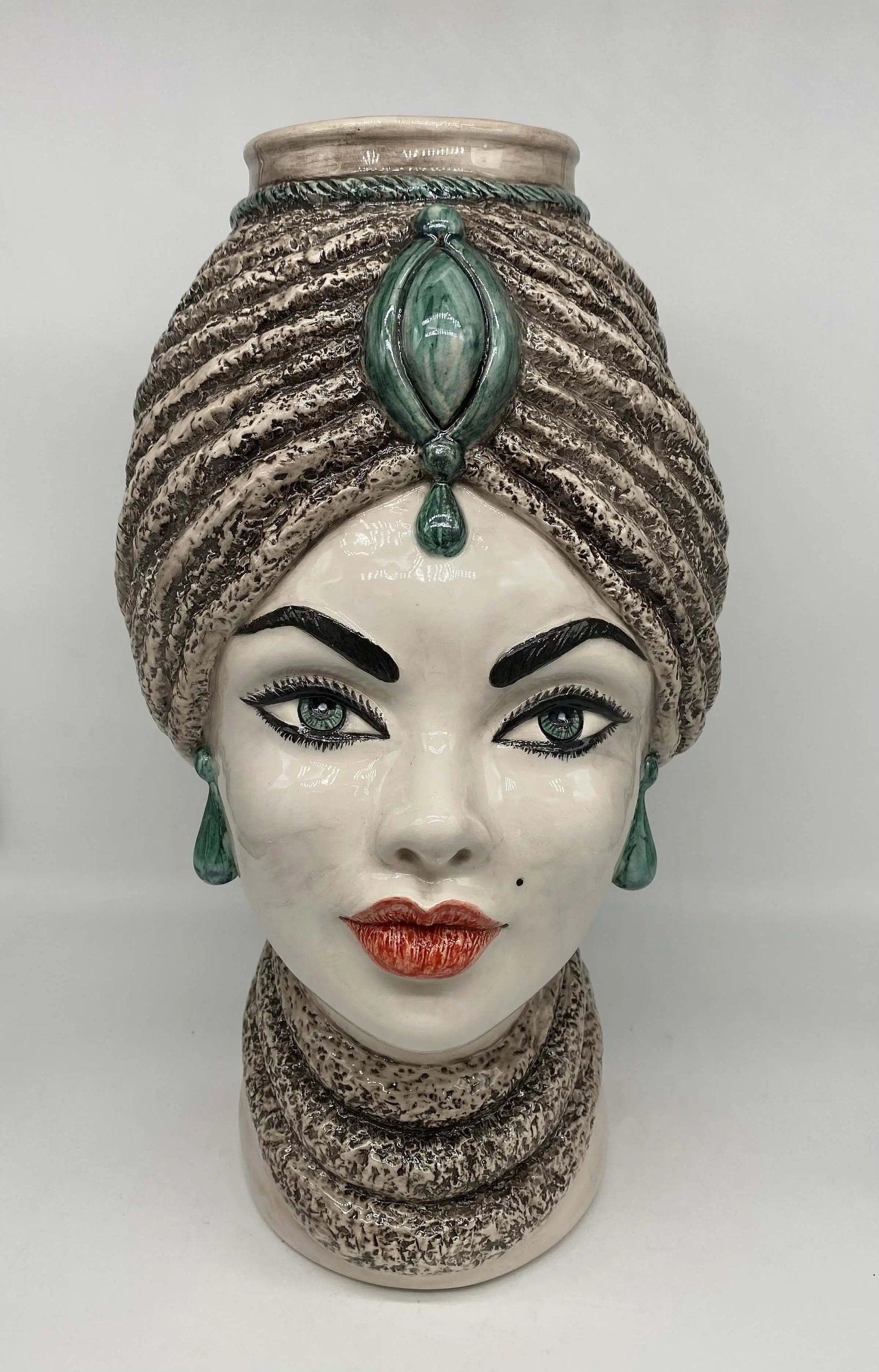 Teste di Moro Demetra Ceramica Caltagirone cm H.40 L.22 Artigianale Écru Verde Acqua DD CERAMICHE SICILIANE