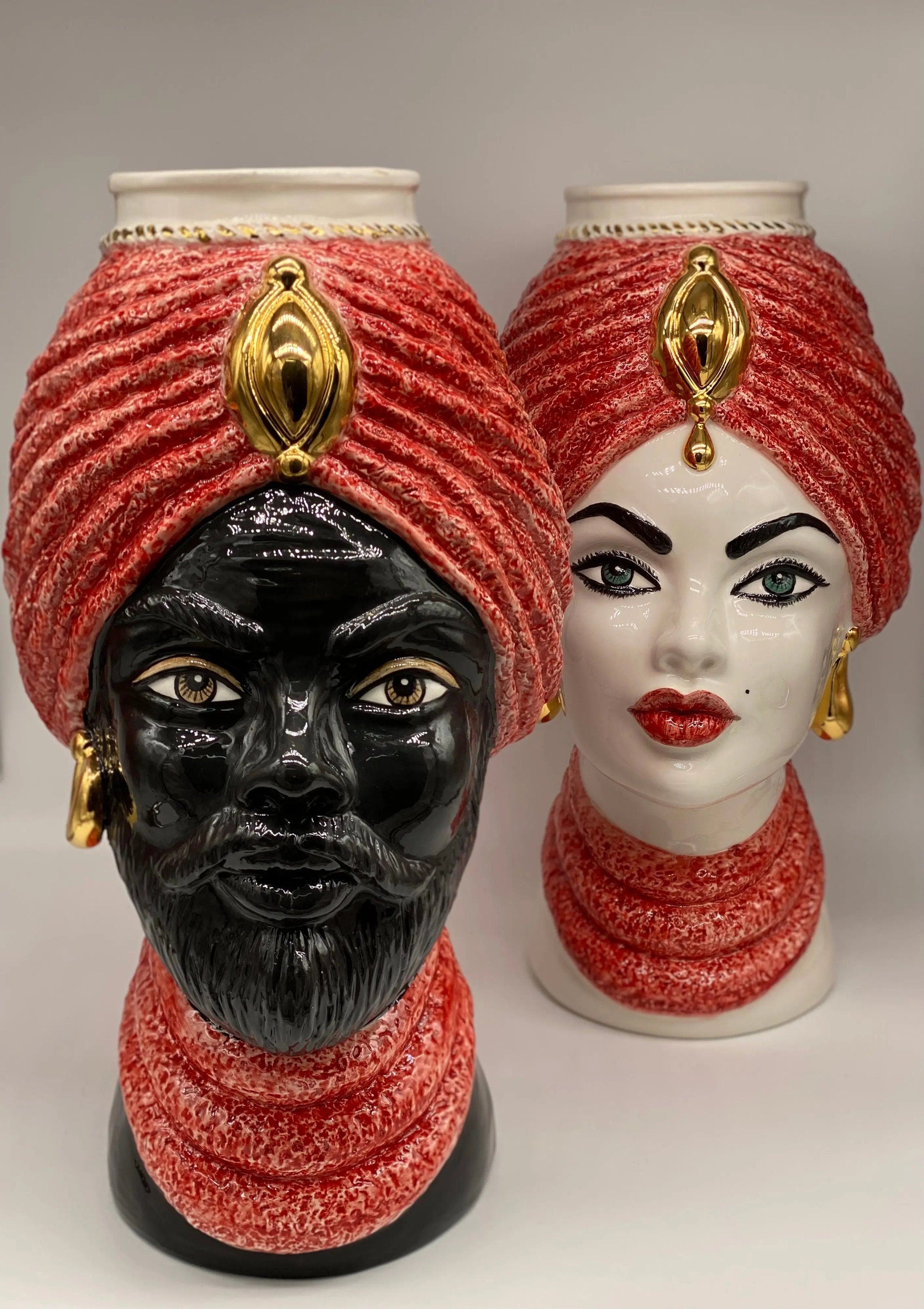 Teste di Moro Demetra Ceramica Caltagirone cm H.40 L.22 Artigianale Rosso Oro DD CERAMICHE SICILIANE