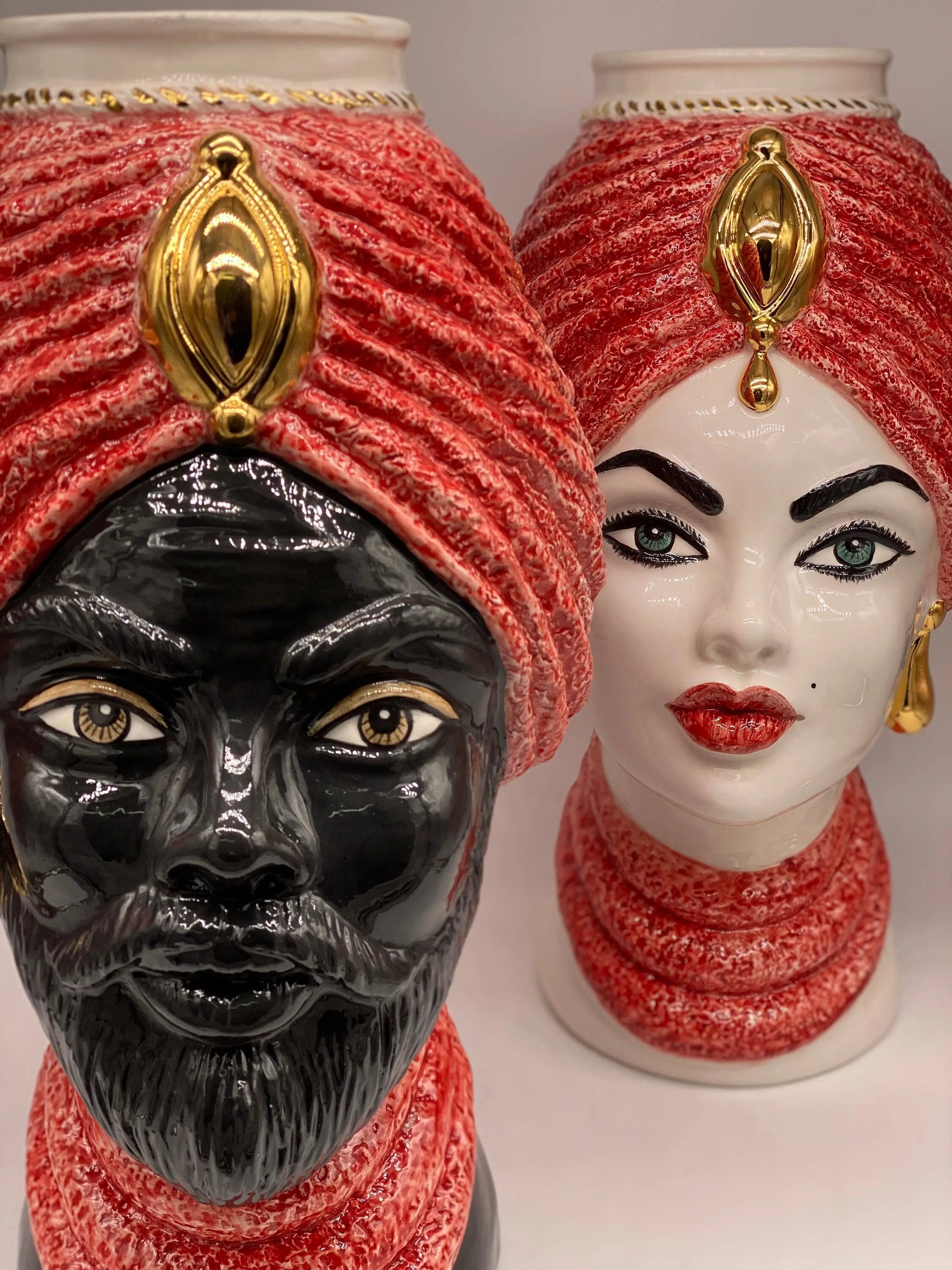 Teste di Moro Demetra Ceramica Caltagirone cm H.40 L.22 Artigianale Rosso Oro DD CERAMICHE SICILIANE