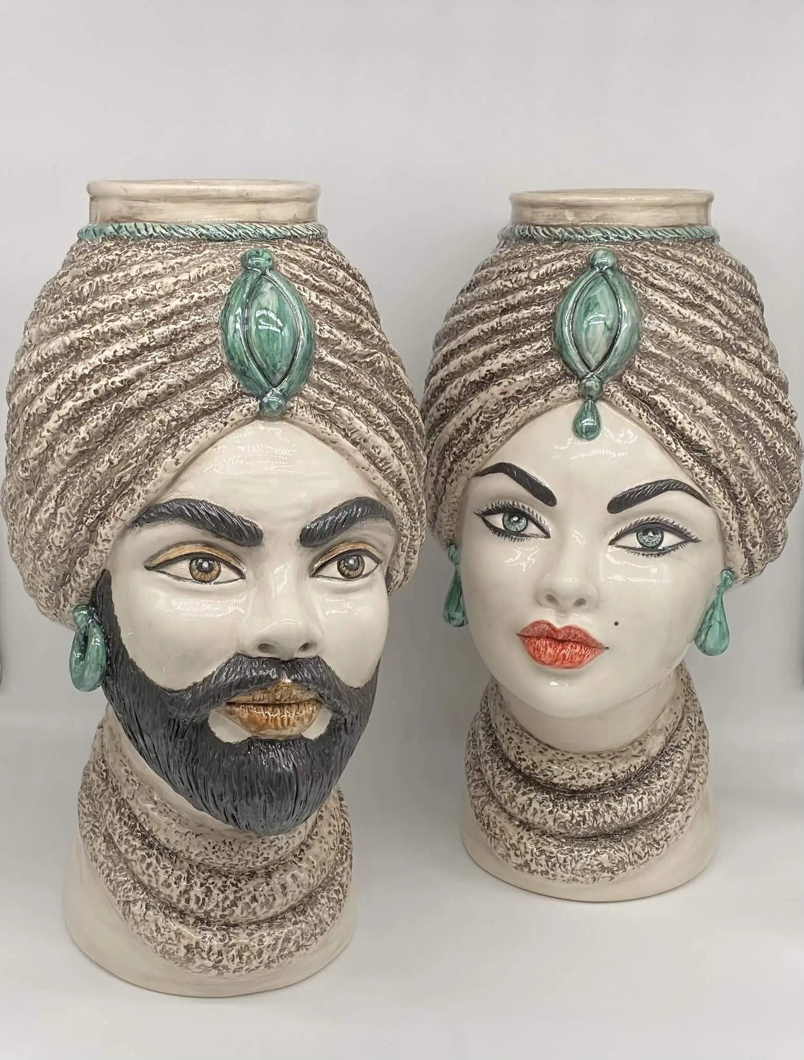 Teste di Moro Demetra Ceramica Caltagirone cm H.40 L.22 Artigianale Écru Verde Acqua DD CERAMICHE SICILIANE