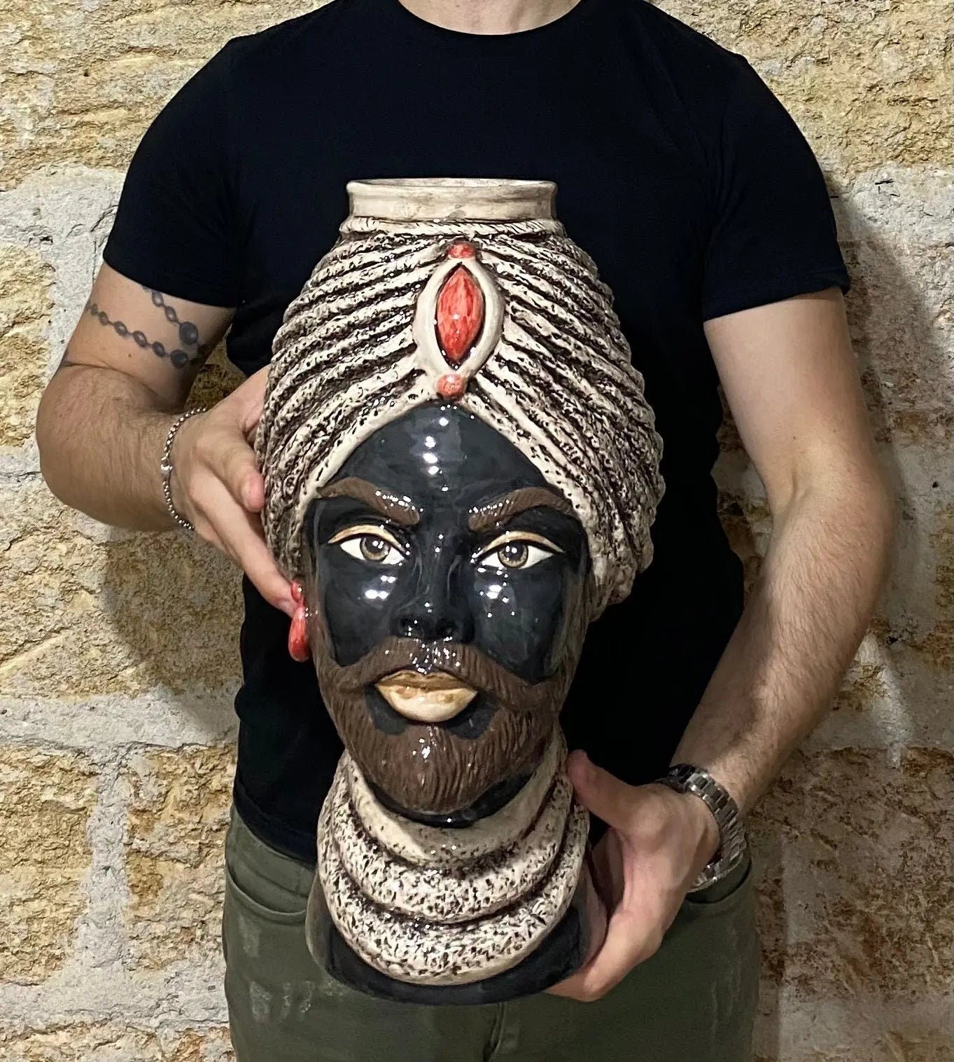 Teste di Moro Demetra Ceramica Caltagirone cm H.40 L.22 Artigianale Écru Rosso DD CERAMICHE SICILIANE