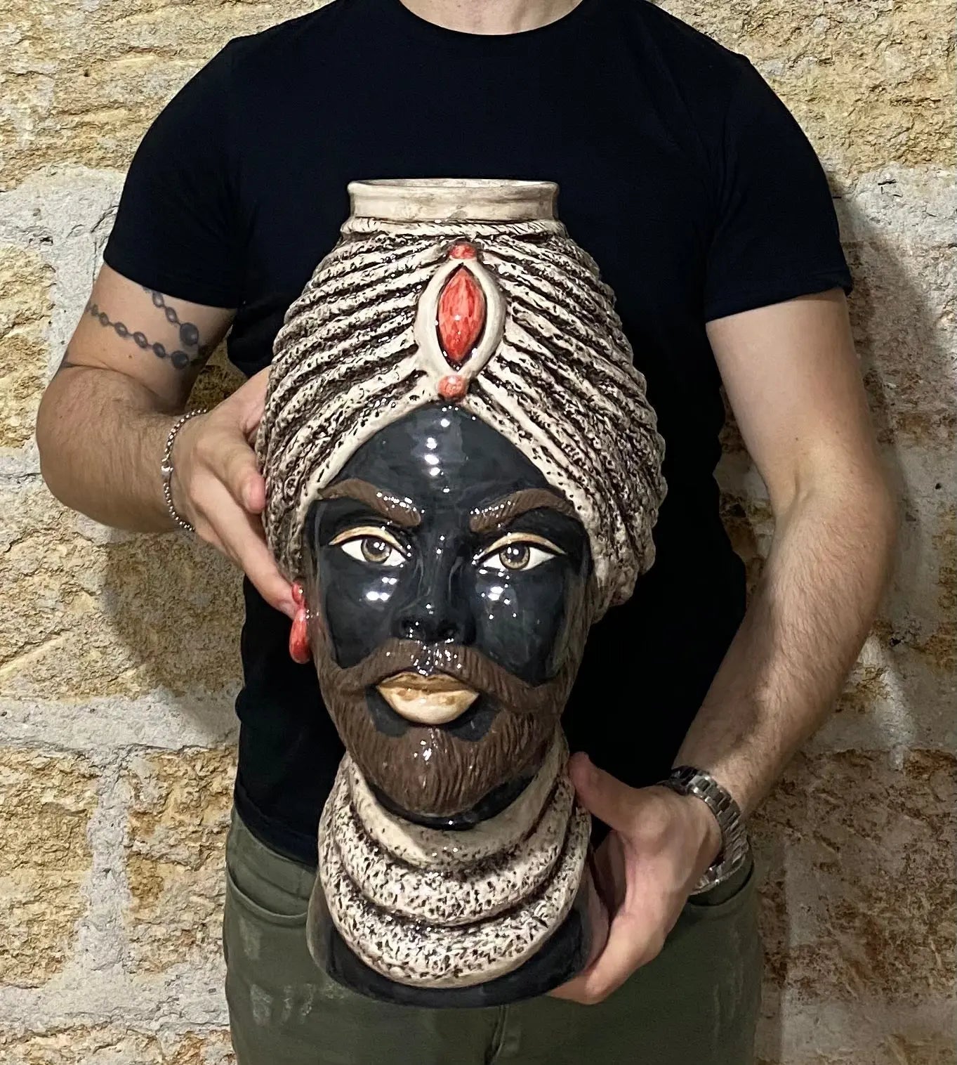 Teste di Moro Demetra Ceramica Caltagirone cm H.40 L.22 Artigianale Écru Rosso - DD CERAMICHE SICILIANE