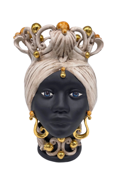 Teste di Moro Diana Ceramica Caltagirone cm H.30 L.20 Artigianale Écru Oro Sfere Ocra - DD CERAMICHE SICILIANE