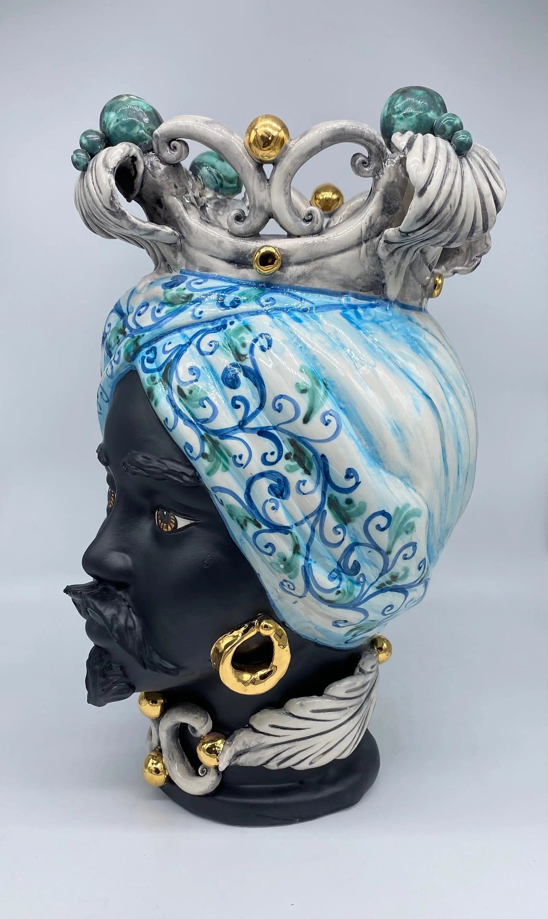 Teste di Moro Diana Ceramica Caltagirone cm H.40 L.25 Artigianale Celeste Oro Sfere Verde DD CERAMICHE SICILIANE