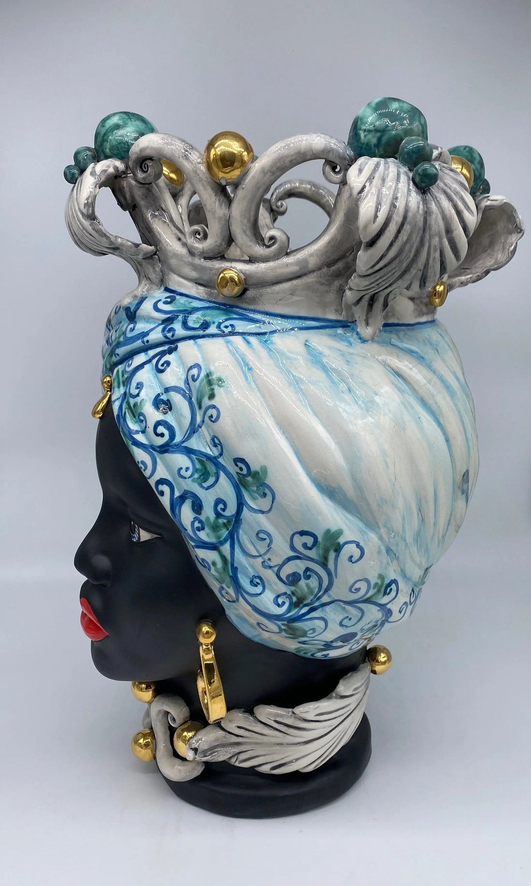 Teste di Moro Diana Ceramica Caltagirone cm H.40 L.25 Artigianale Celeste Oro Sfere Verde DD CERAMICHE SICILIANE