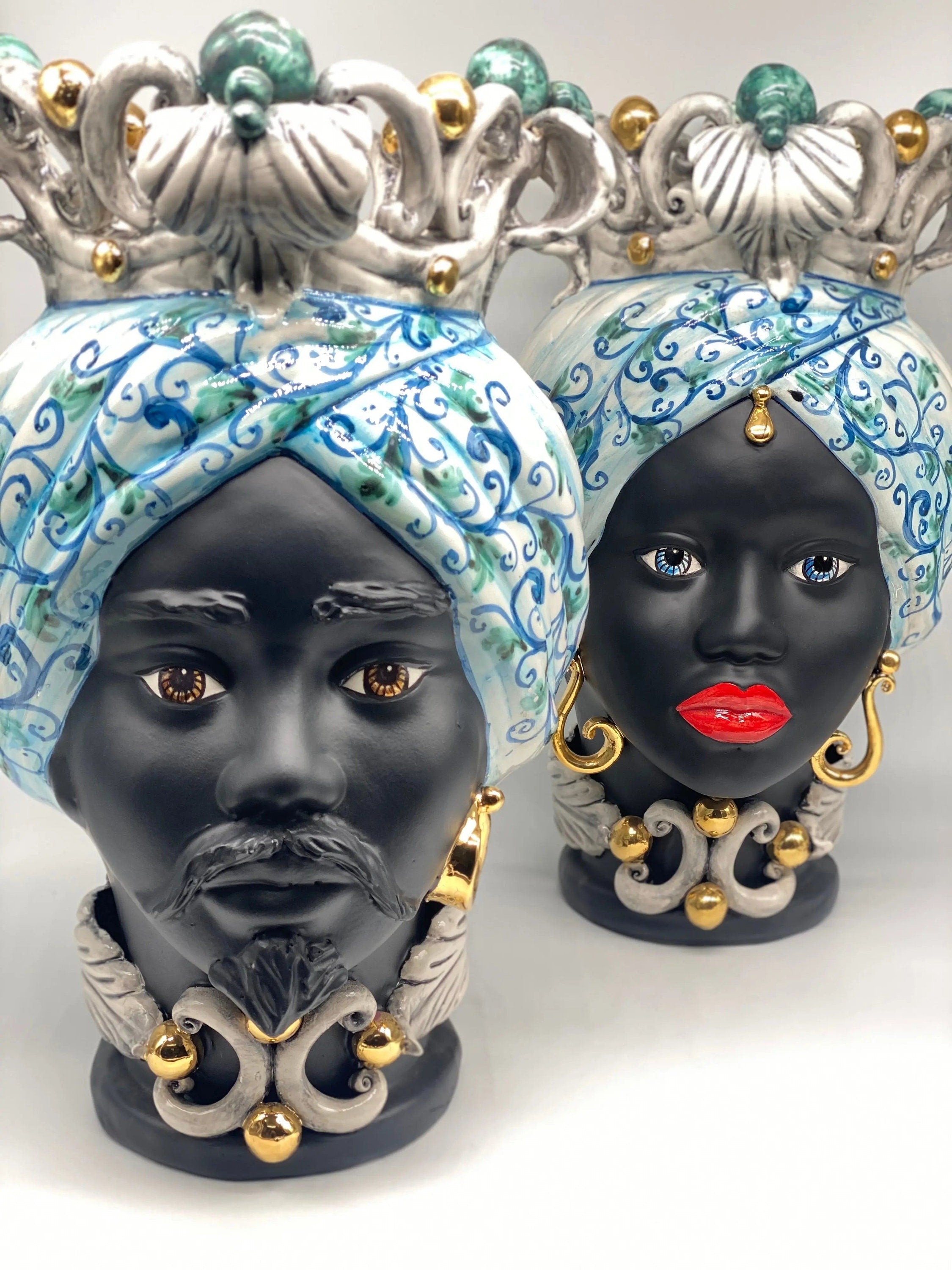 Teste di Moro Diana Ceramica Caltagirone cm H.40 L.25 Artigianale Celeste Oro Sfere Verde DD CERAMICHE SICILIANE