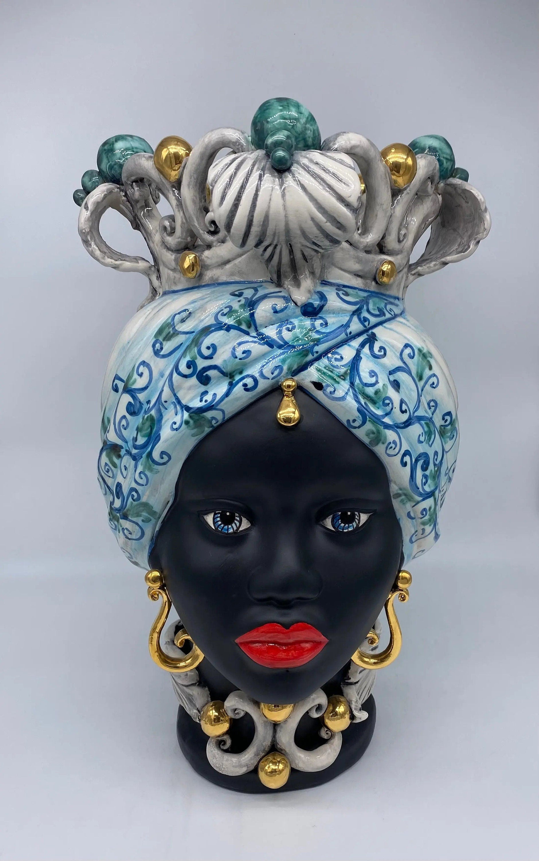 Teste di Moro Diana Ceramica Caltagirone cm H.40 L.25 Artigianale Celeste Oro Sfere Verde DD CERAMICHE SICILIANE