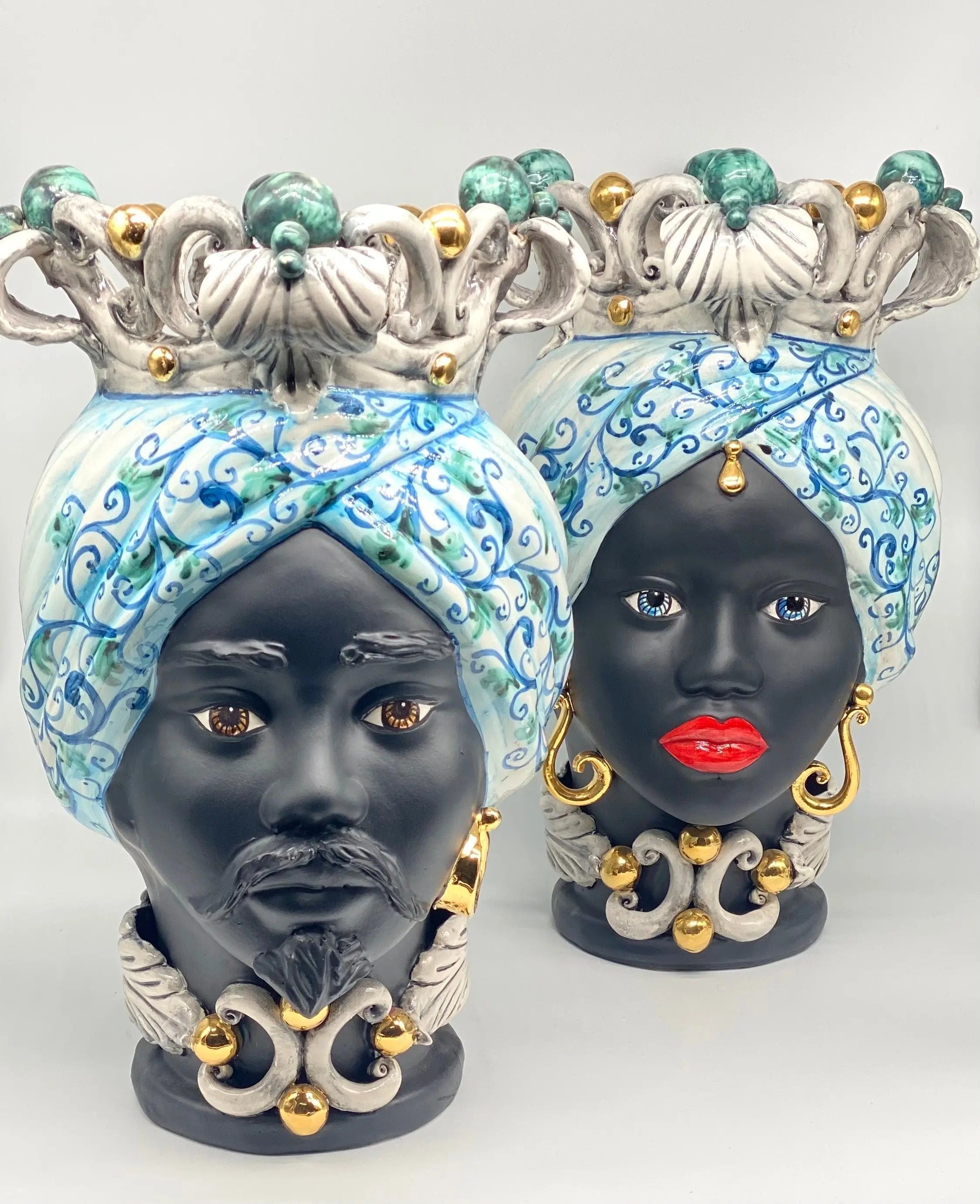 Teste di Moro Diana Ceramica Caltagirone cm H.40 L.25 Artigianale Celeste Oro Sfere Verde DD CERAMICHE SICILIANE