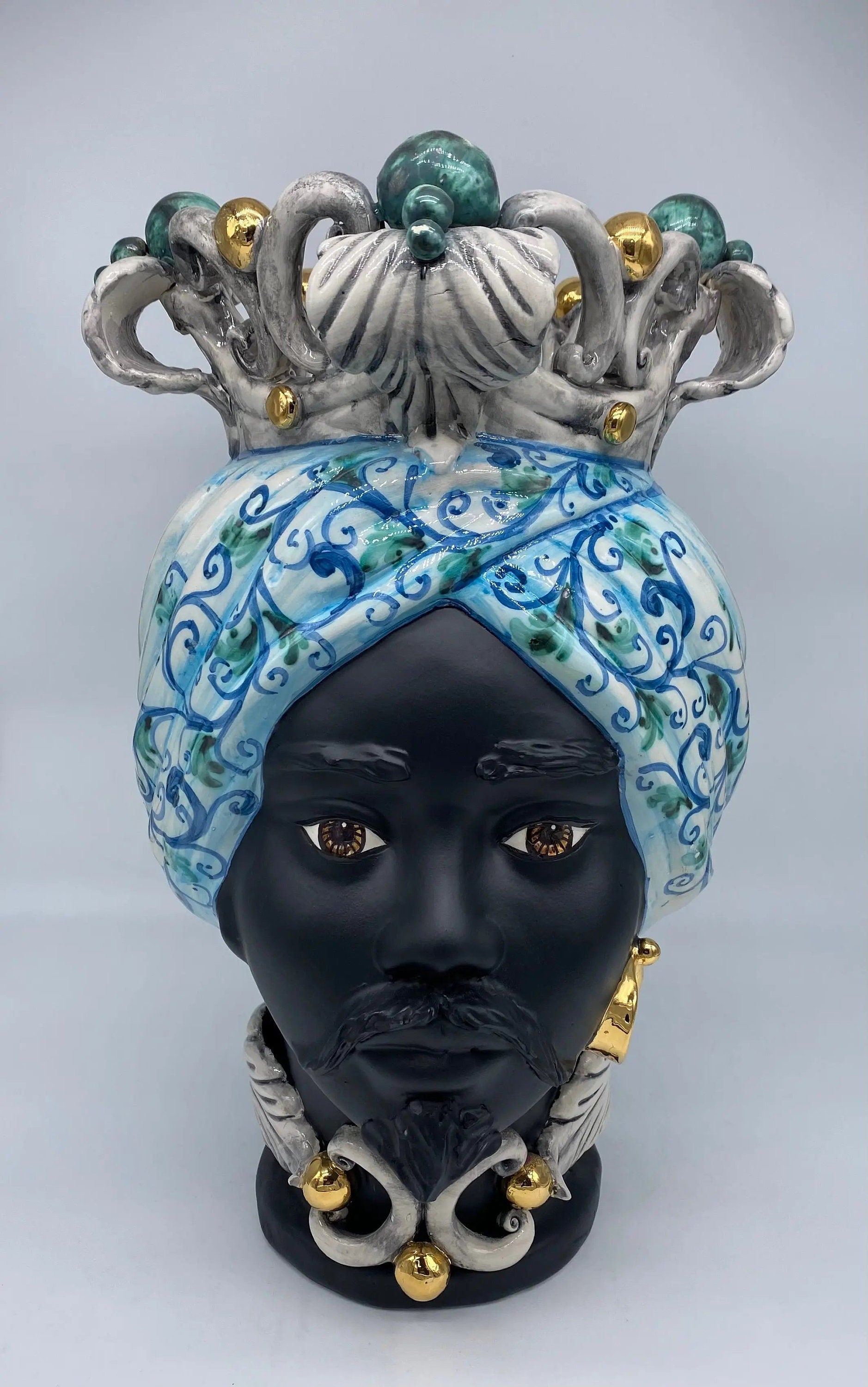 Teste di Moro Diana Ceramica Caltagirone cm H.40 L.25 Artigianale Celeste Oro Sfere Verde DD CERAMICHE SICILIANE