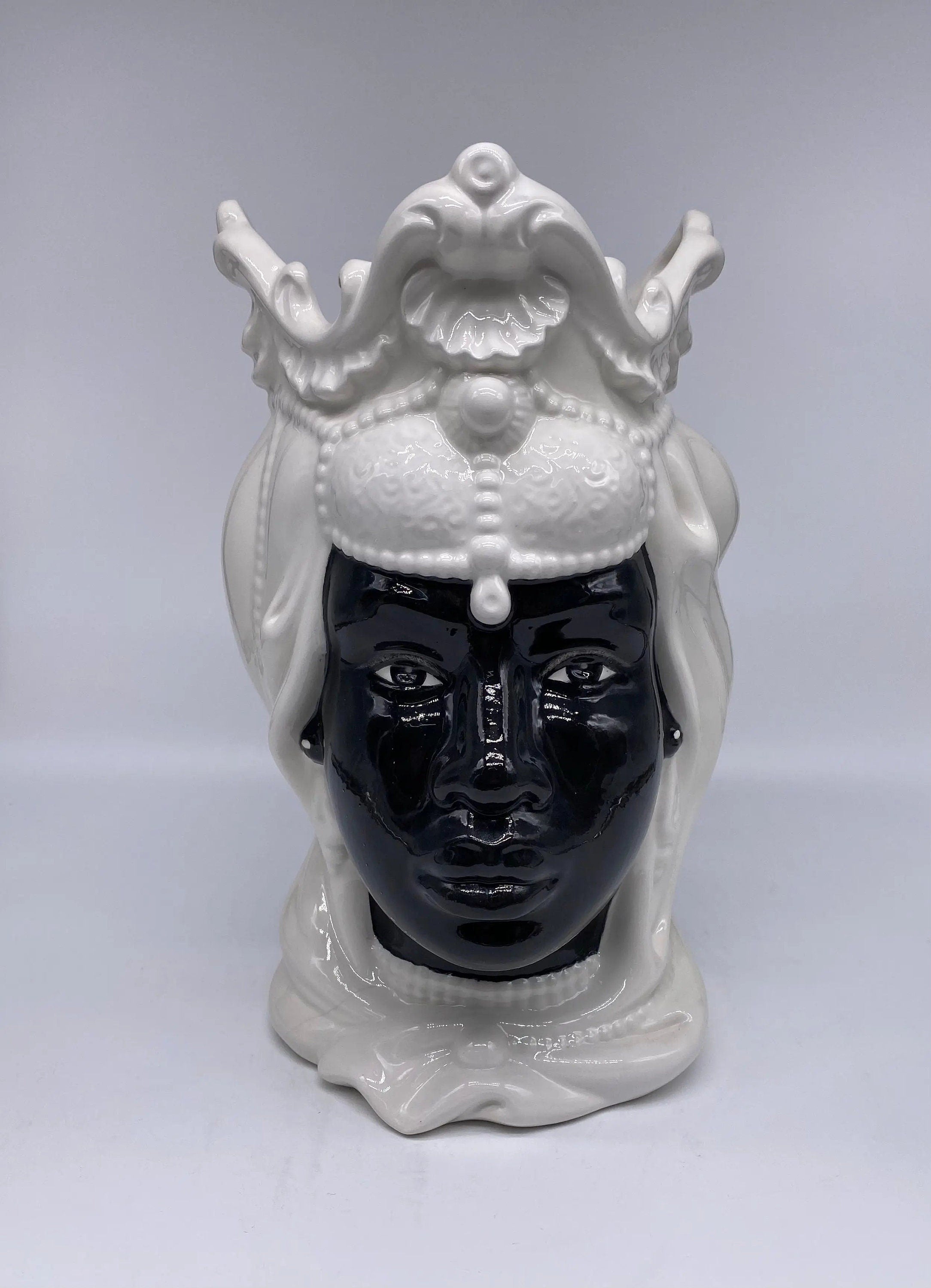 Teste di Moro Emiro Ceramica Caltagirone cm H.30 L.18 Artigianale Bianco Nero DD CERAMICHE SICILIANE