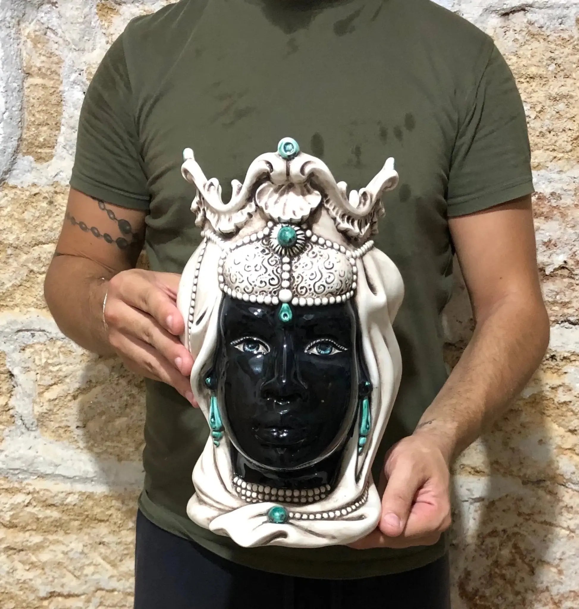 Teste di Moro Emiro Ceramica Caltagirone cm H.30 L.18 Artigianale Écru Sfere Verde - DD CERAMICHE SICILIANE
