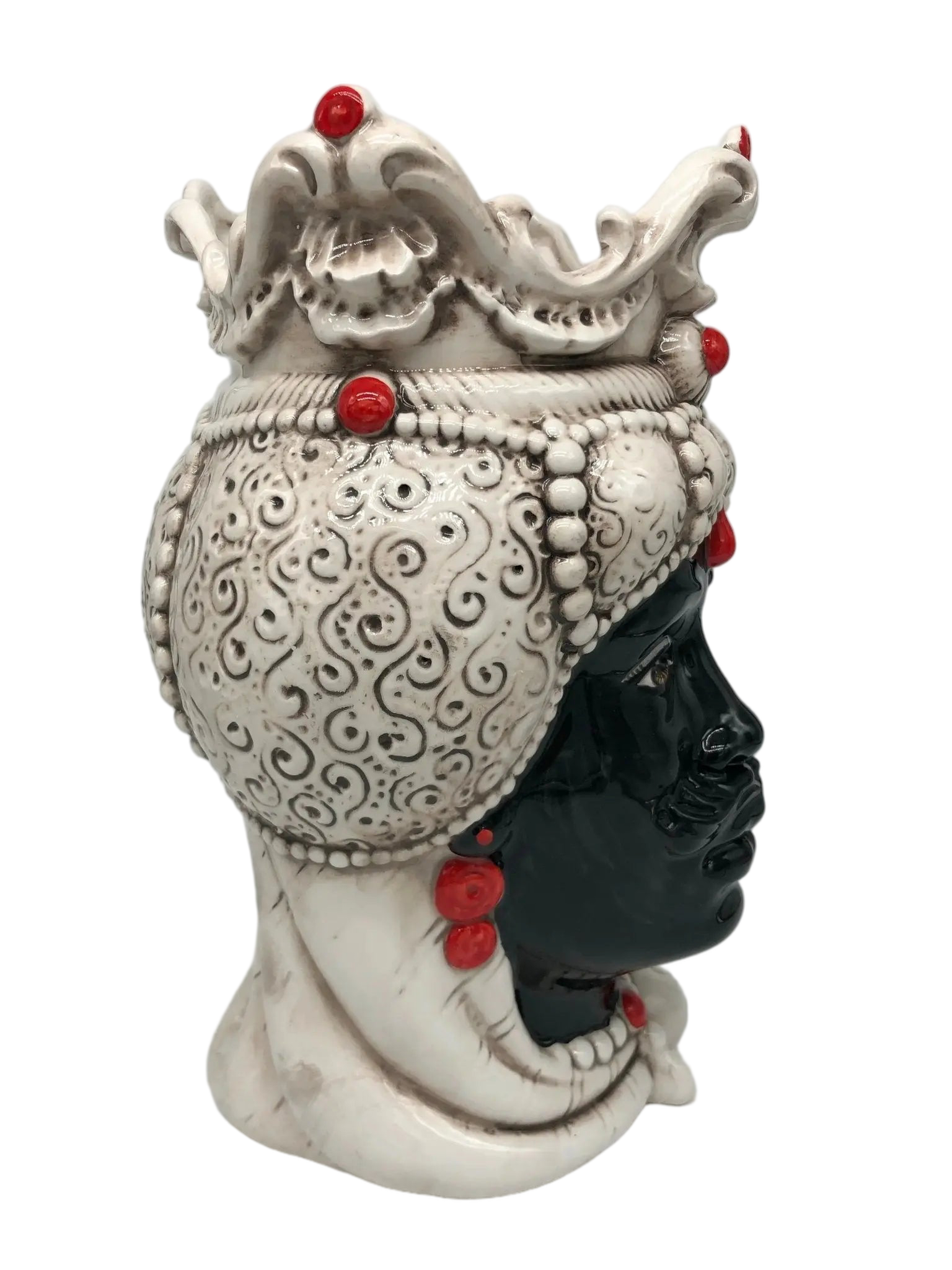 Teste di Moro Emiro Ceramica Caltagirone cm H.30 L.18 Artigianale Écru Sfere Rosso - DD CERAMICHE SICILIANE