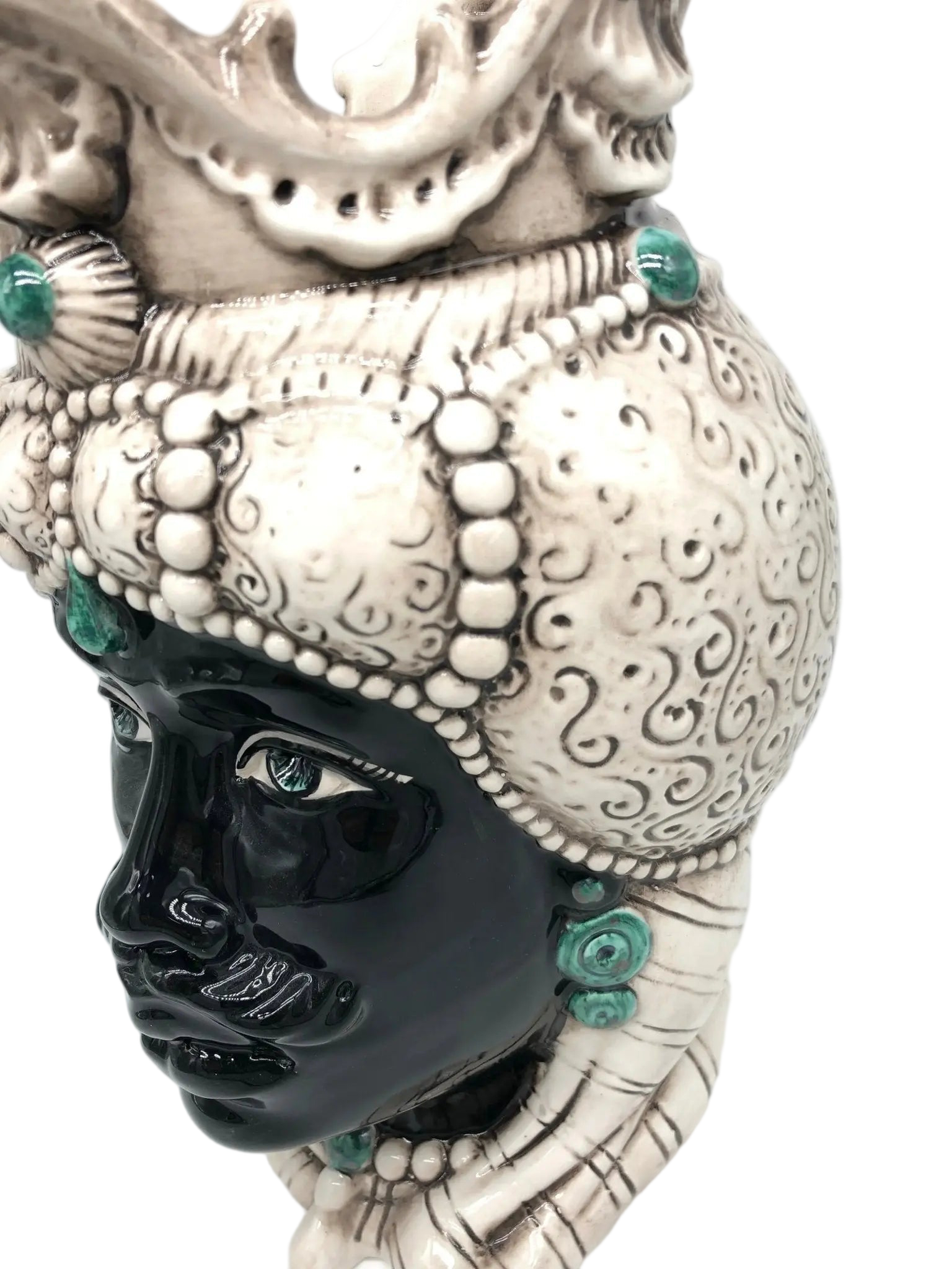 Teste di Moro Emiro Ceramica Caltagirone cm H.30 L.18 Artigianale Écru Sfere Verde - DD CERAMICHE SICILIANE