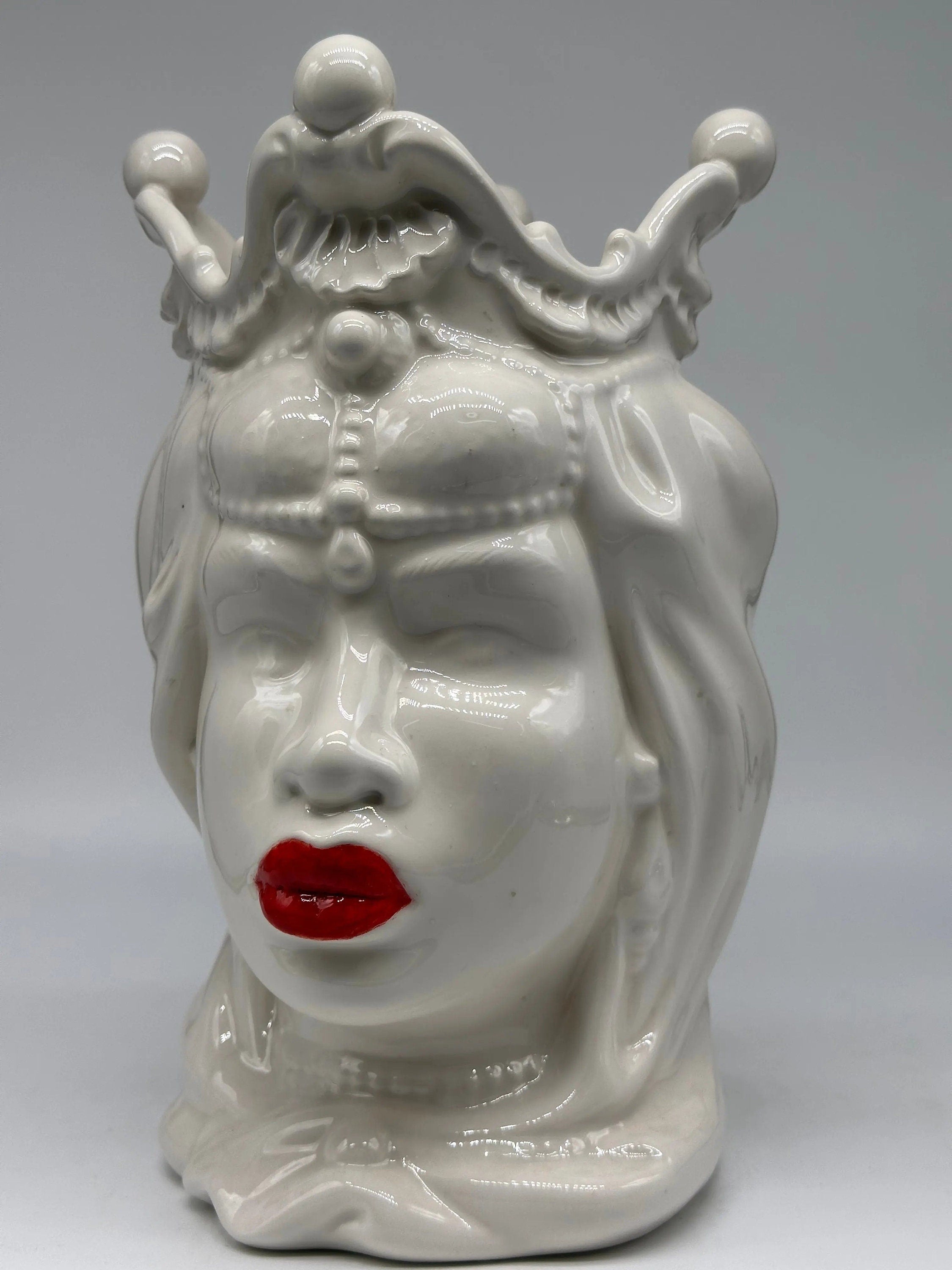 Teste di Moro Emiro Ceramica Caltagirone cm H.30 L.18 Artigianale Bianco Labbra Rosse DD CERAMICHE SICILIANE
