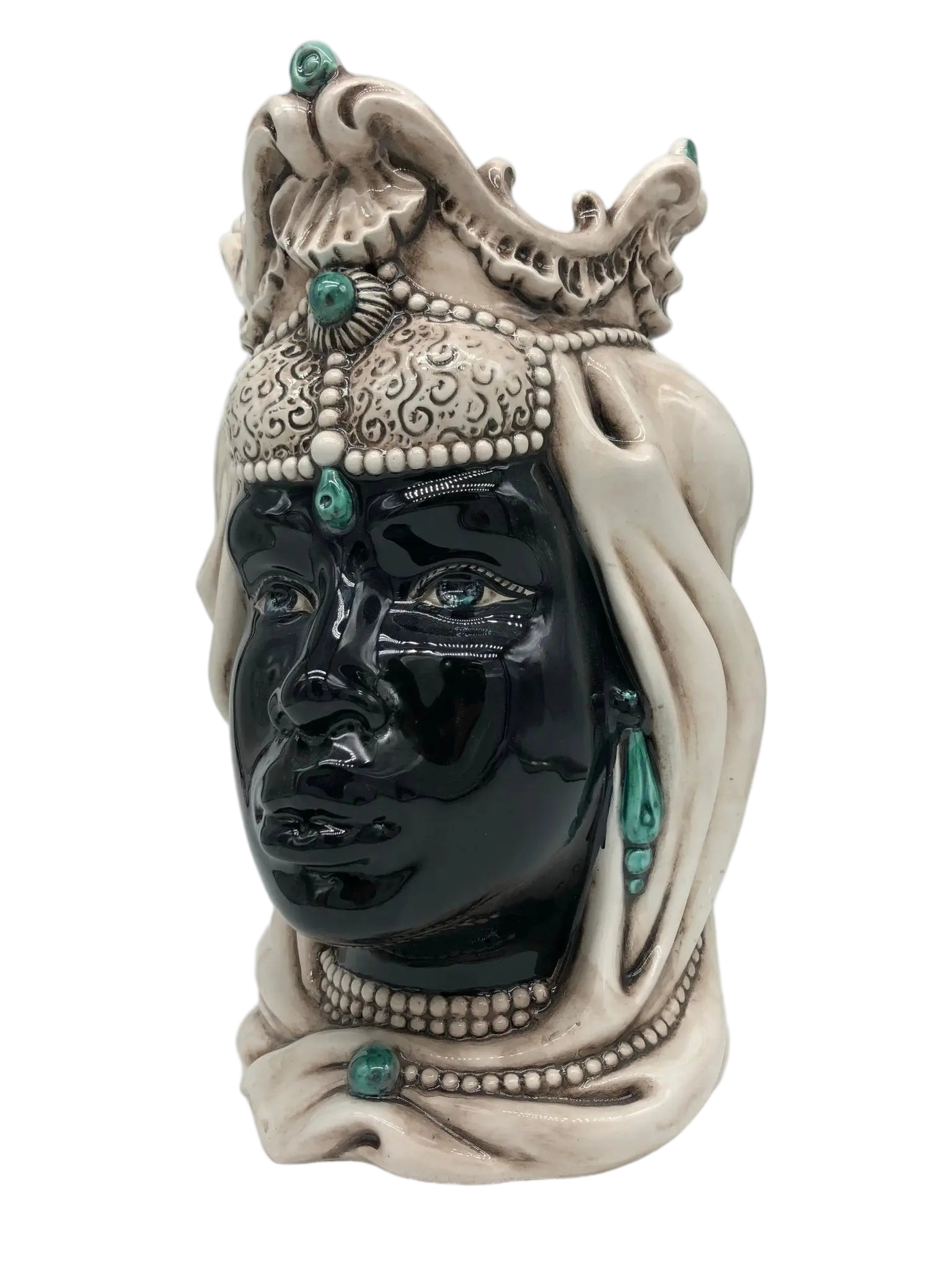 Teste di Moro Emiro Ceramica Caltagirone cm H.30 L.18 Artigianale Écru Sfere Verde - DD CERAMICHE SICILIANE