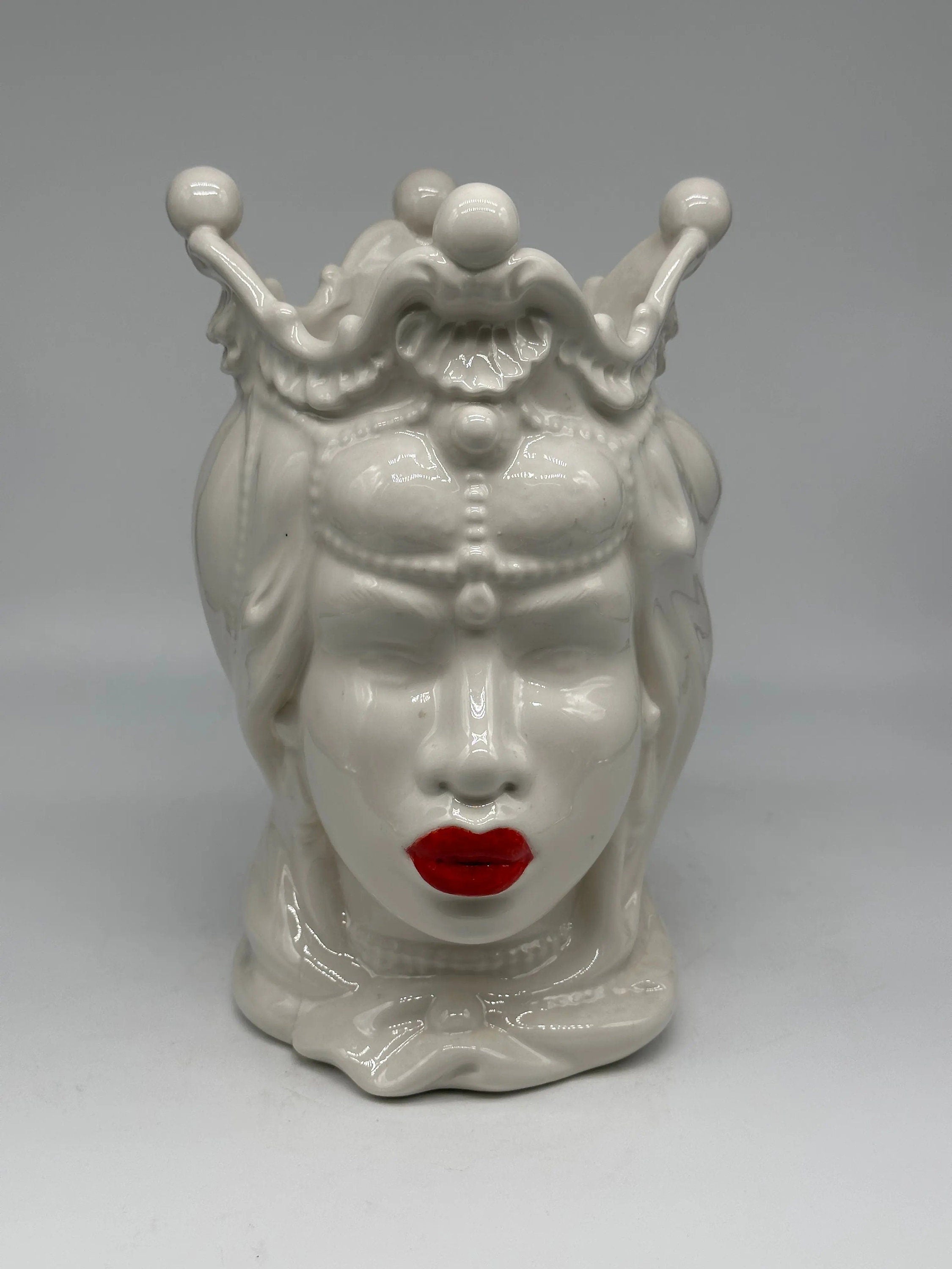 Teste di Moro Emiro Ceramica Caltagirone cm H.30 L.18 Artigianale Bianco Labbra Rosse DD CERAMICHE SICILIANE
