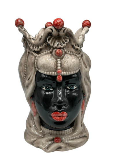 Teste di Moro Emiro Ceramica Caltagirone cm H.30 L.18 Artigianale Écru Sfere Rosso Tenue DD CERAMICHE SICILIANE