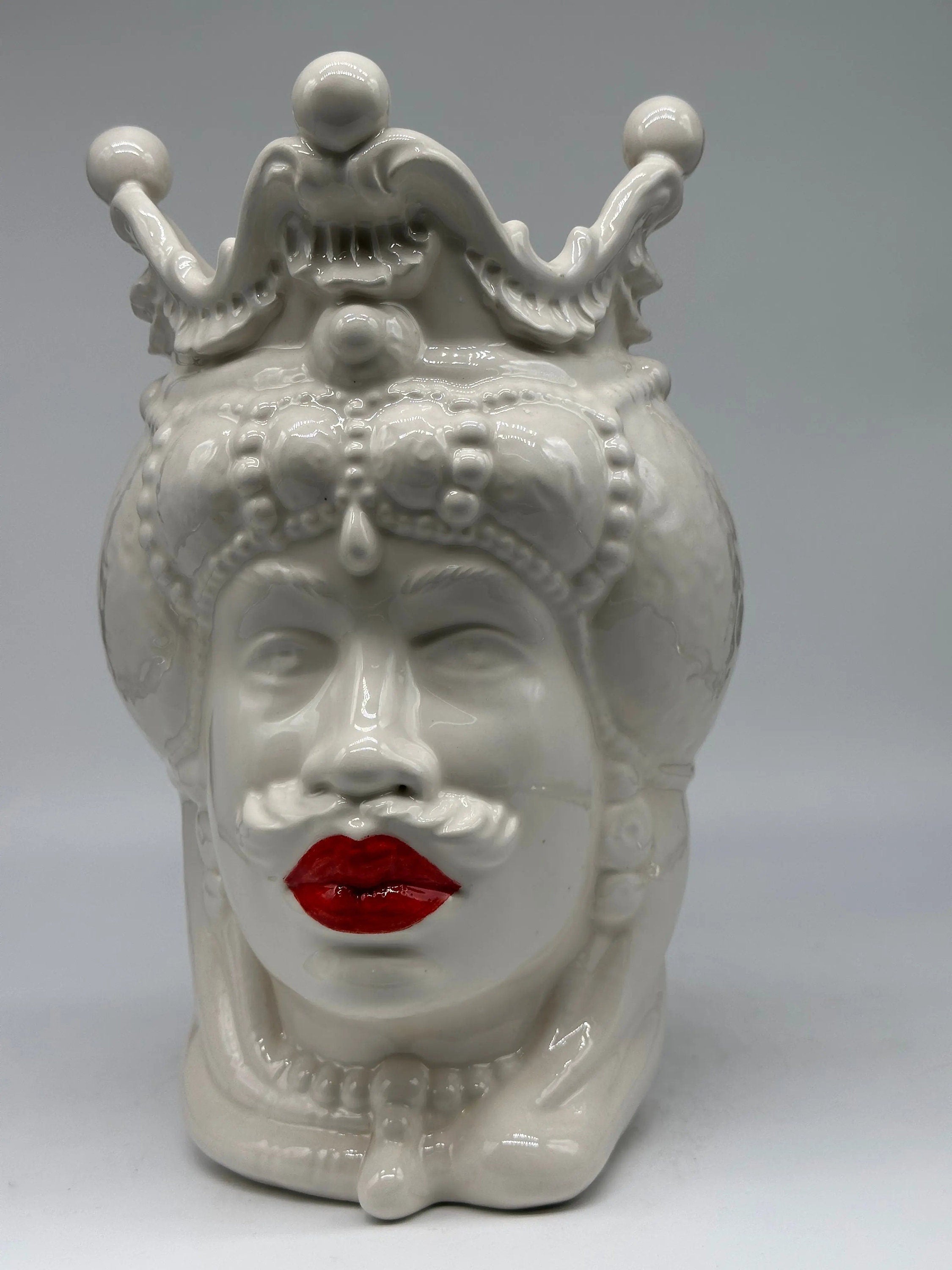 Teste di Moro Emiro Ceramica Caltagirone cm H.30 L.18 Artigianale Bianco Labbra Rosse DD CERAMICHE SICILIANE