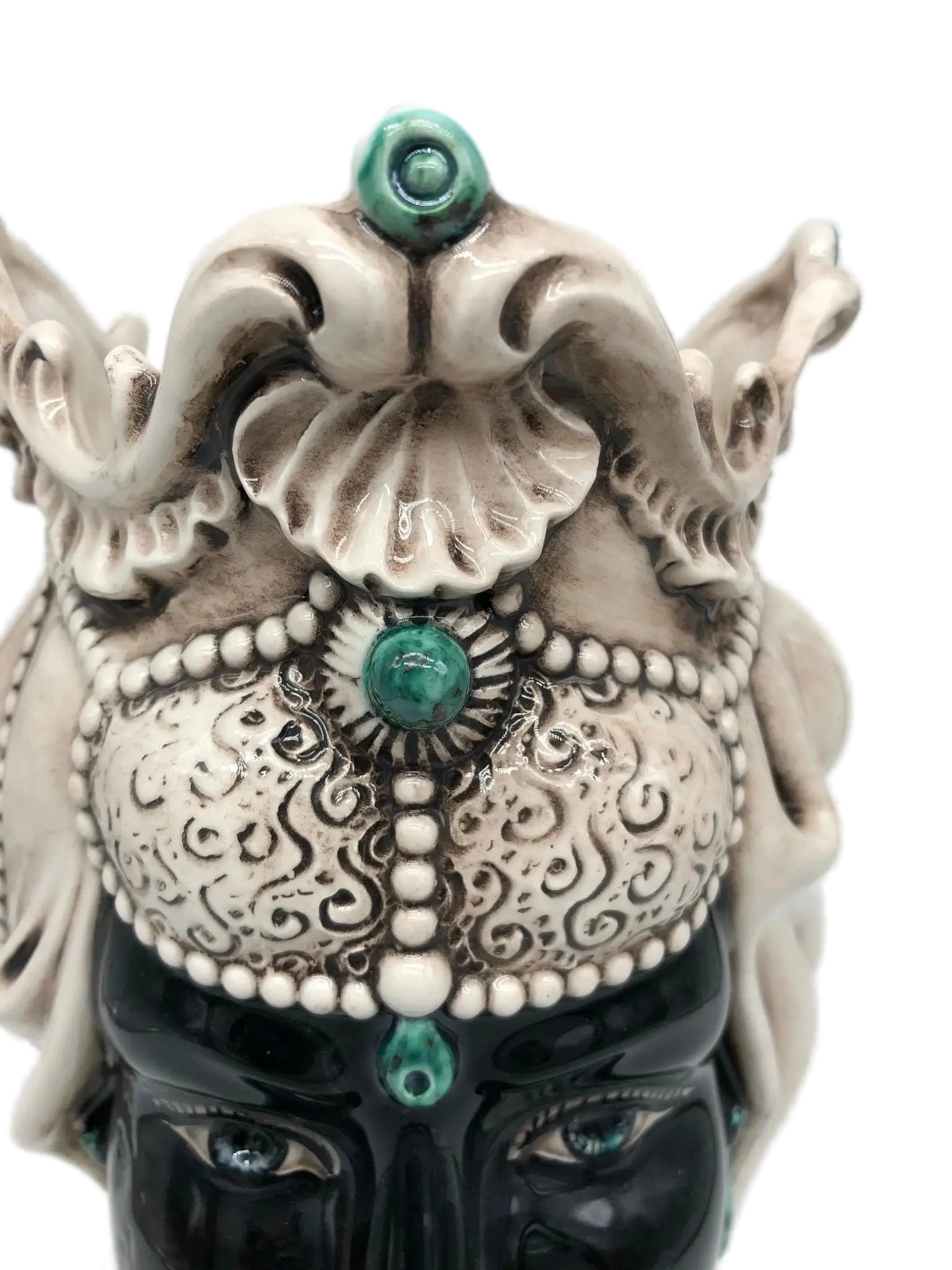 Teste di Moro Emiro Ceramica Caltagirone cm H.30 L.18 Artigianale Écru Sfere Verde - DD CERAMICHE SICILIANE