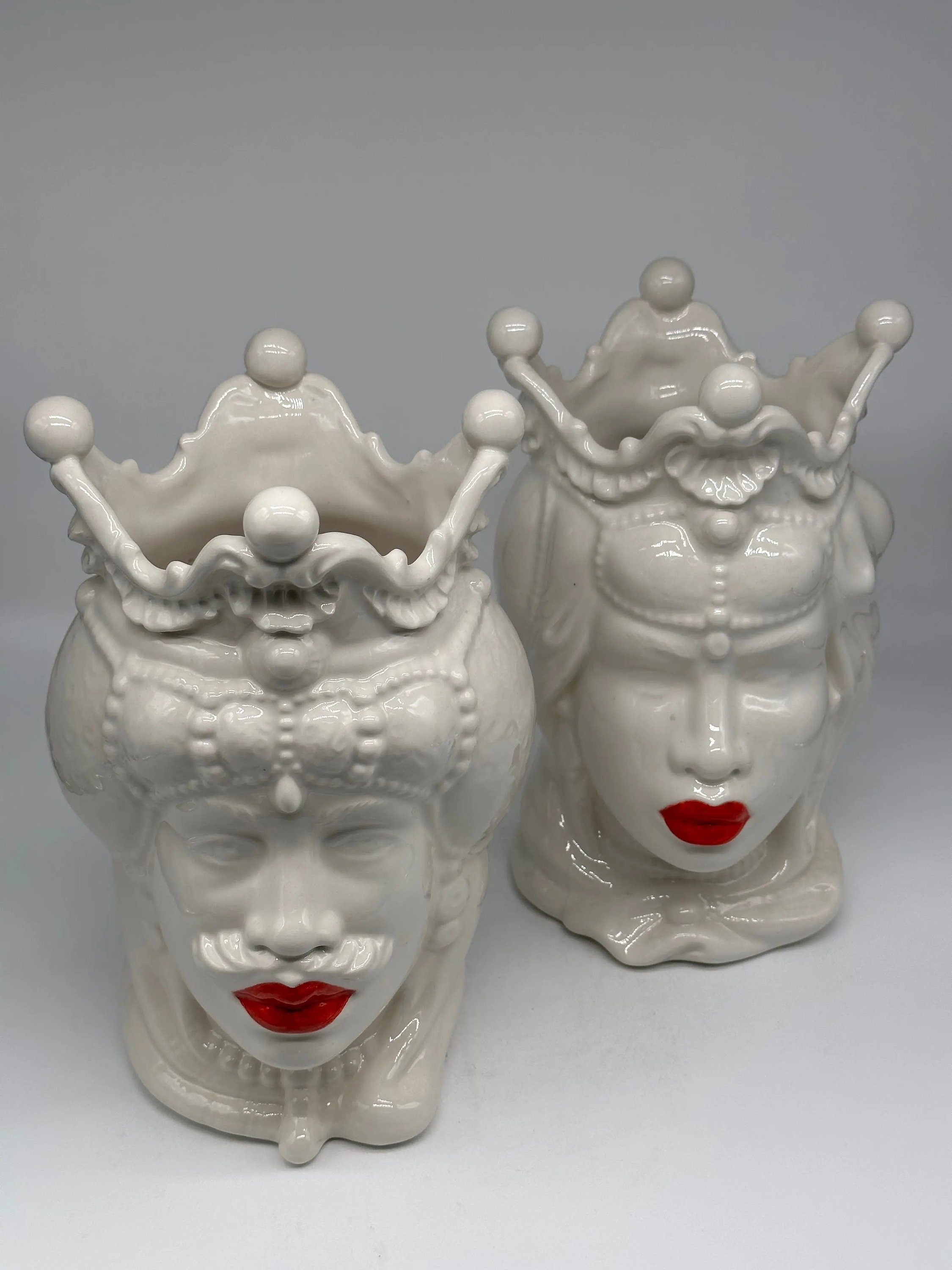 Teste di Moro Emiro Ceramica Caltagirone cm H.30 L.18 Artigianale Bianco Labbra Rosse DD CERAMICHE SICILIANE