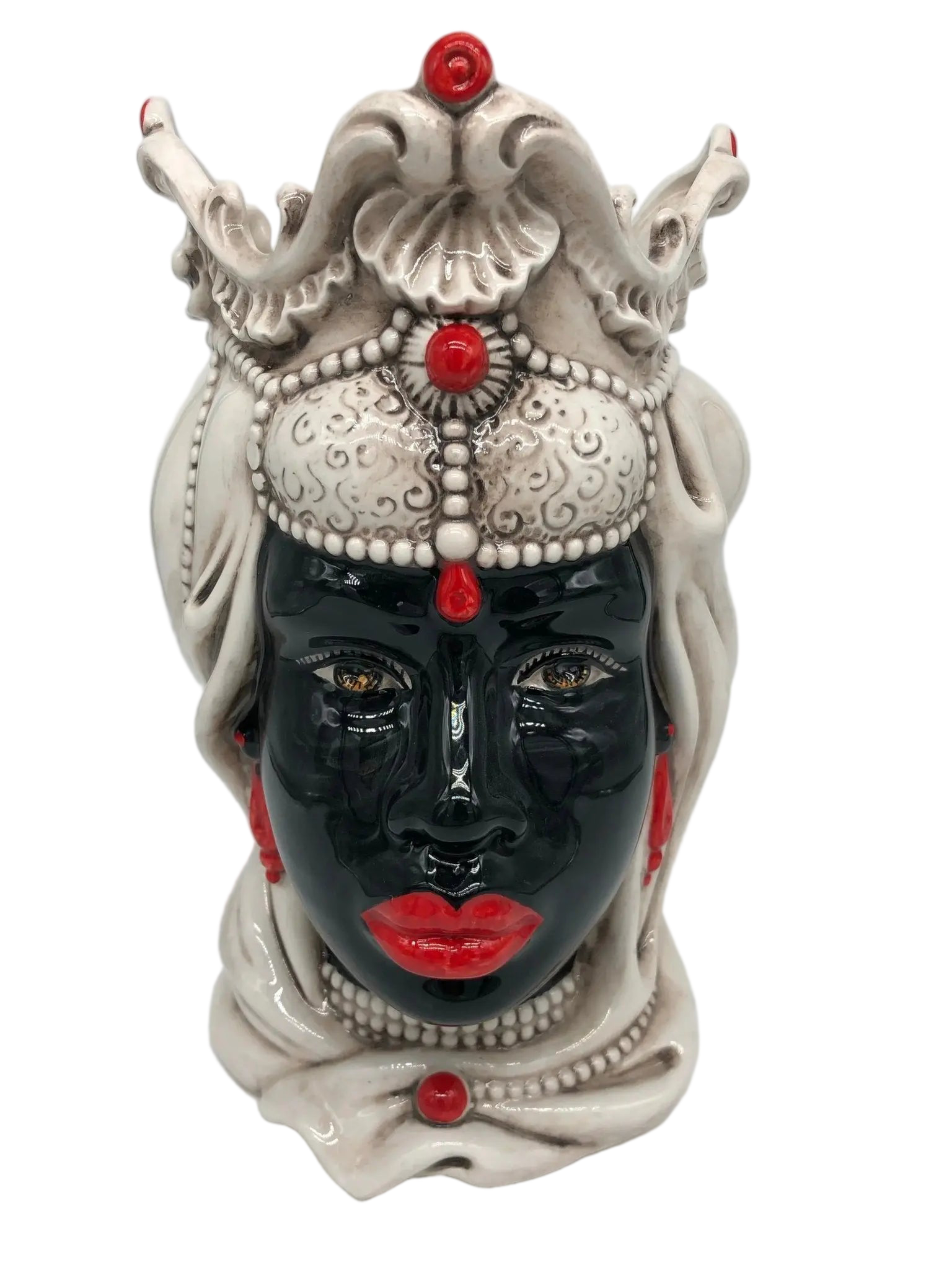 Teste di Moro Emiro Ceramica Caltagirone cm H.30 L.18 Artigianale Écru Sfere Rosso - DD CERAMICHE SICILIANE