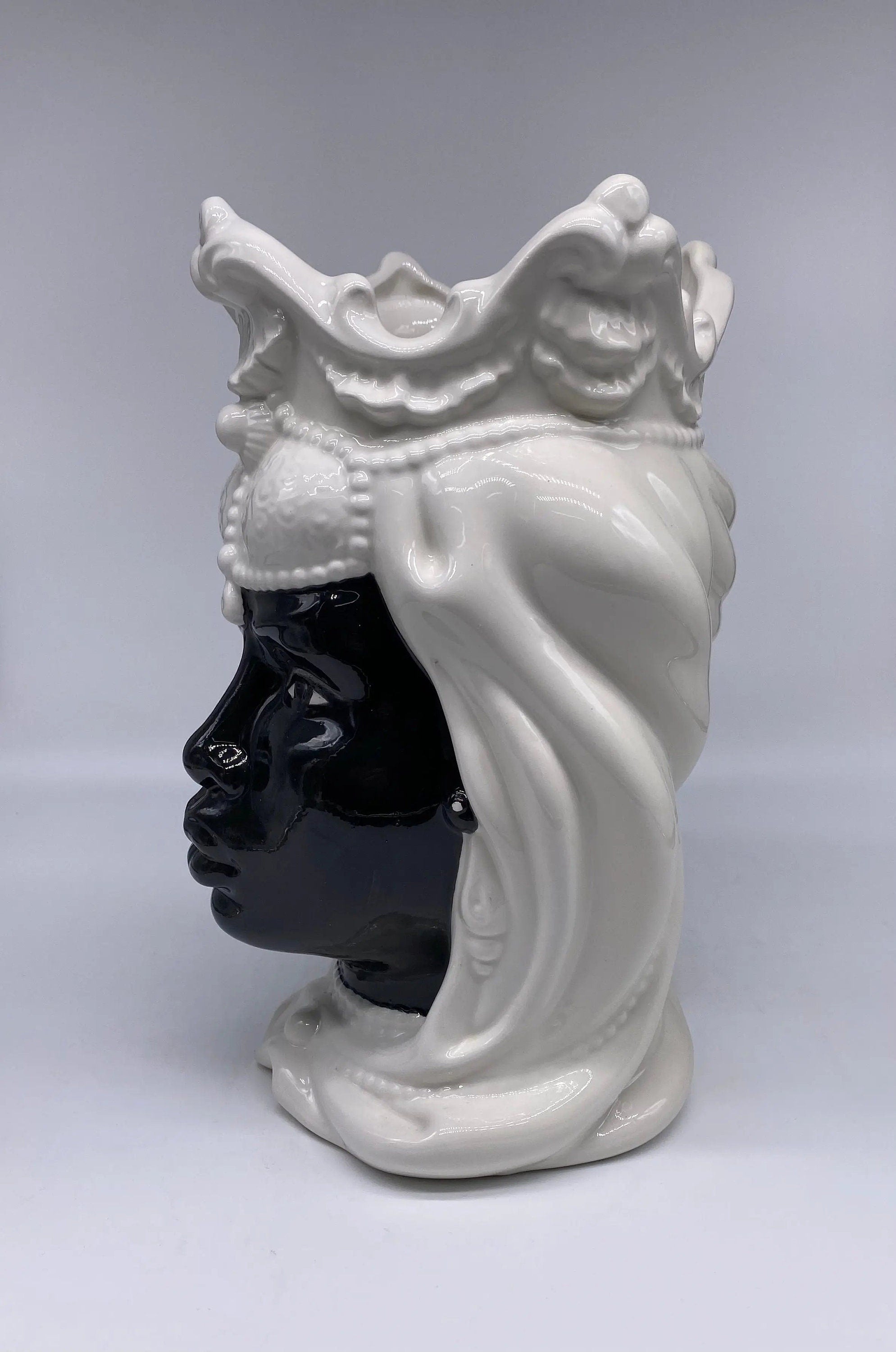 Teste di Moro Emiro Ceramica Caltagirone cm H.30 L.18 Artigianale Bianco Nero DD CERAMICHE SICILIANE