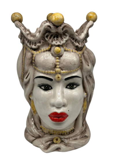 Teste di Moro Emiro Ceramica Caltagirone cm H.30 L.18 Artigianale Écru Sfere Giallo DD CERAMICHE SICILIANE