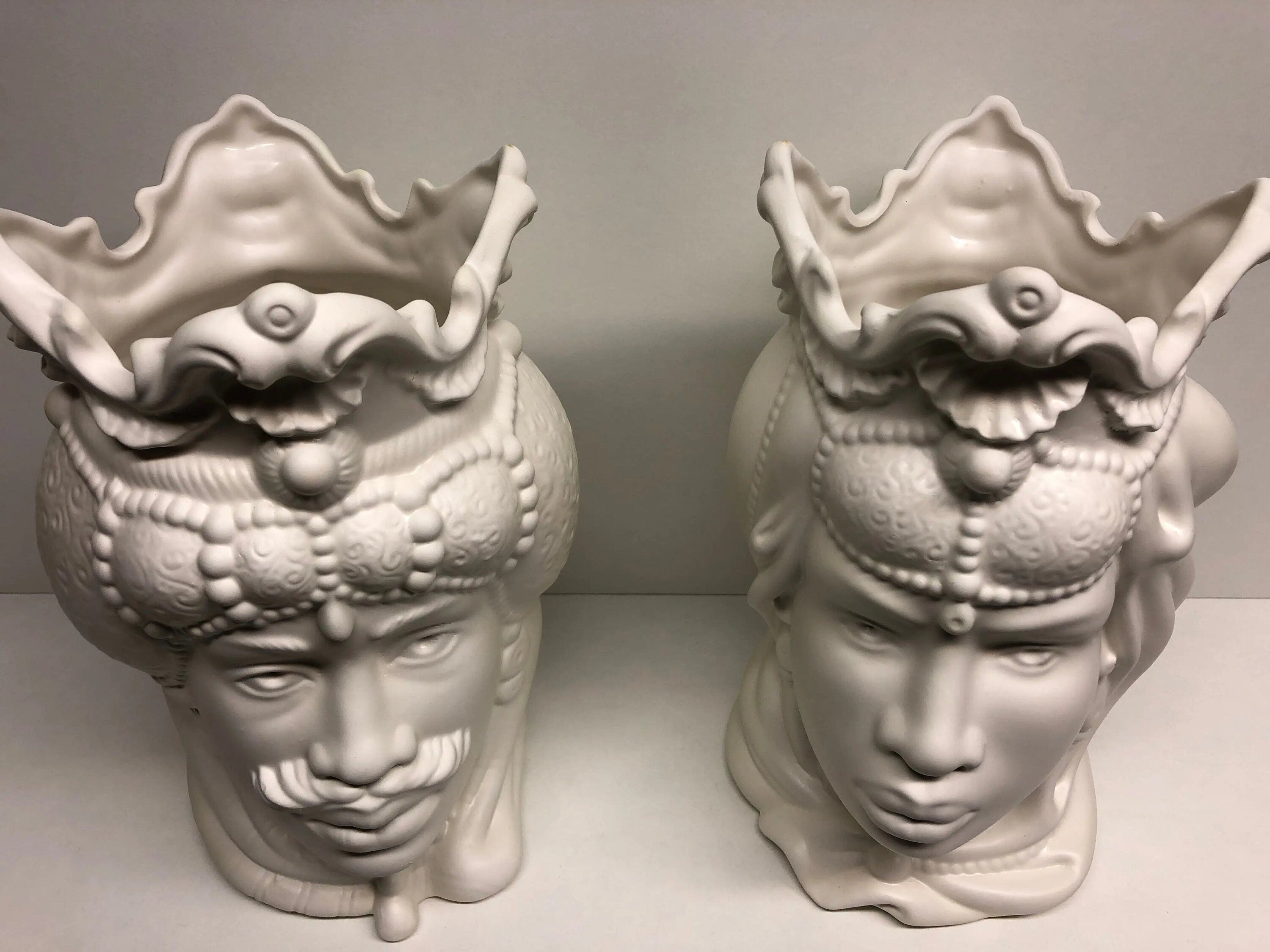 Teste di Moro Emiro Ceramica Caltagirone cm H.30 L.18 Artigianale Bianco Opaco DD CERAMICHE SICILIANE