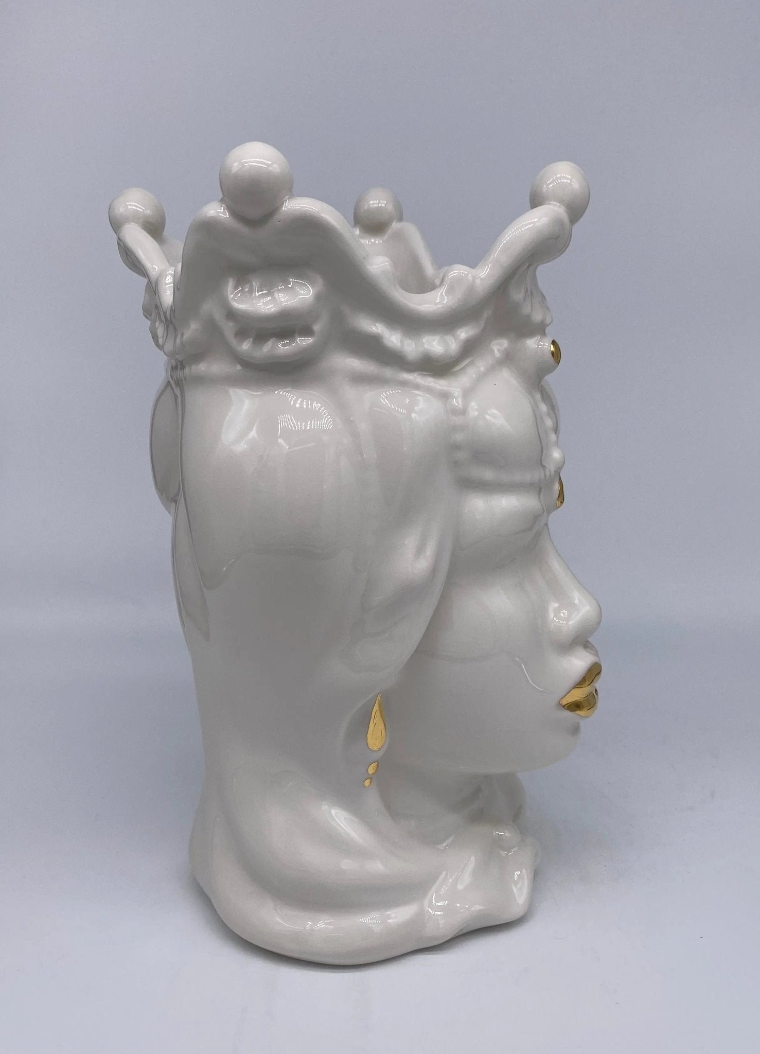 Teste di Moro Emiro Ceramica Caltagirone cm H.30 L.18 Artigianale Bianco e Oro - DD CERAMICHE SICILIANE