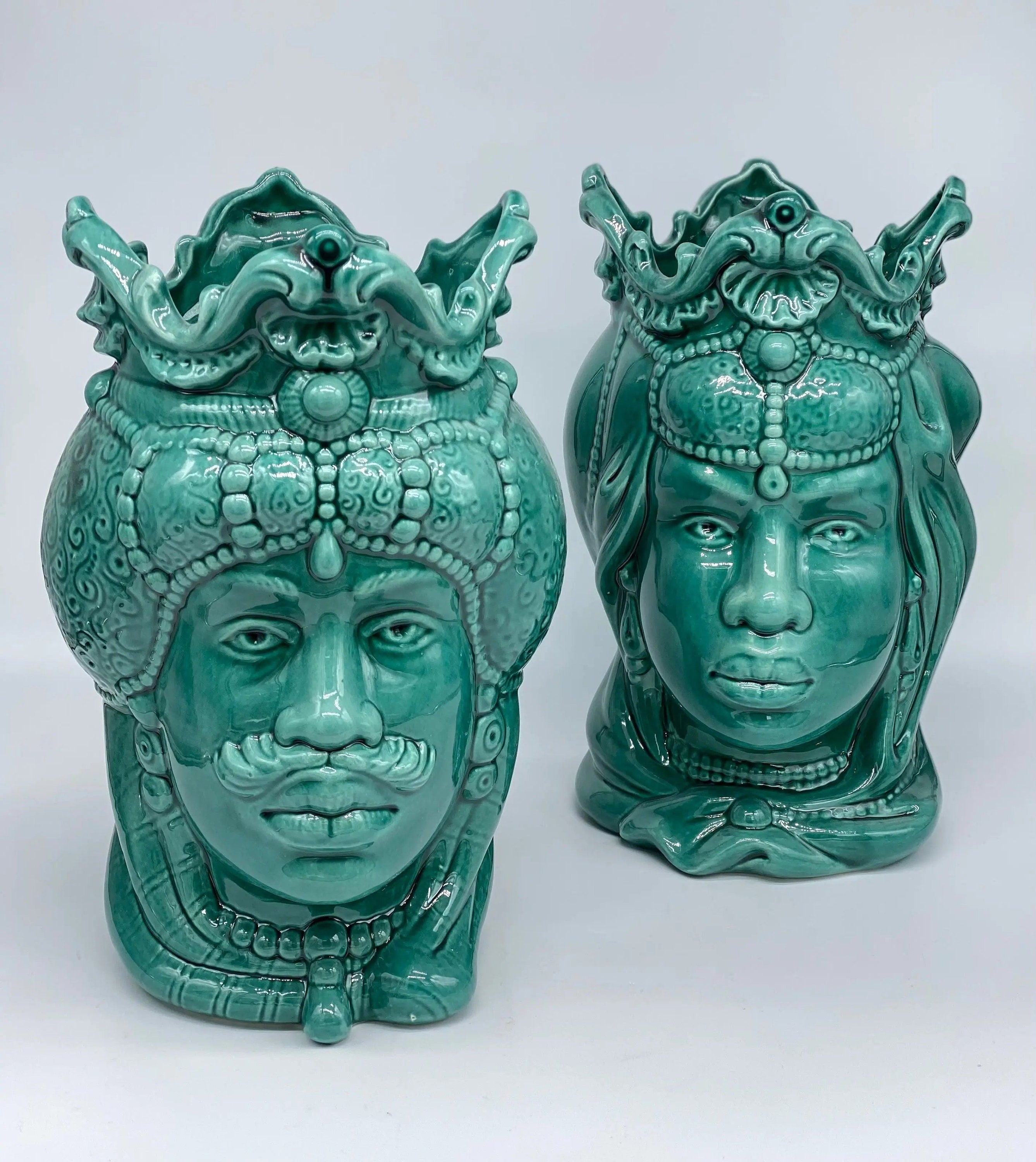Teste di Moro Emiro Ceramica Caltagirone cm H.30 L.18 Artigianale Verde DD CERAMICHE SICILIANE