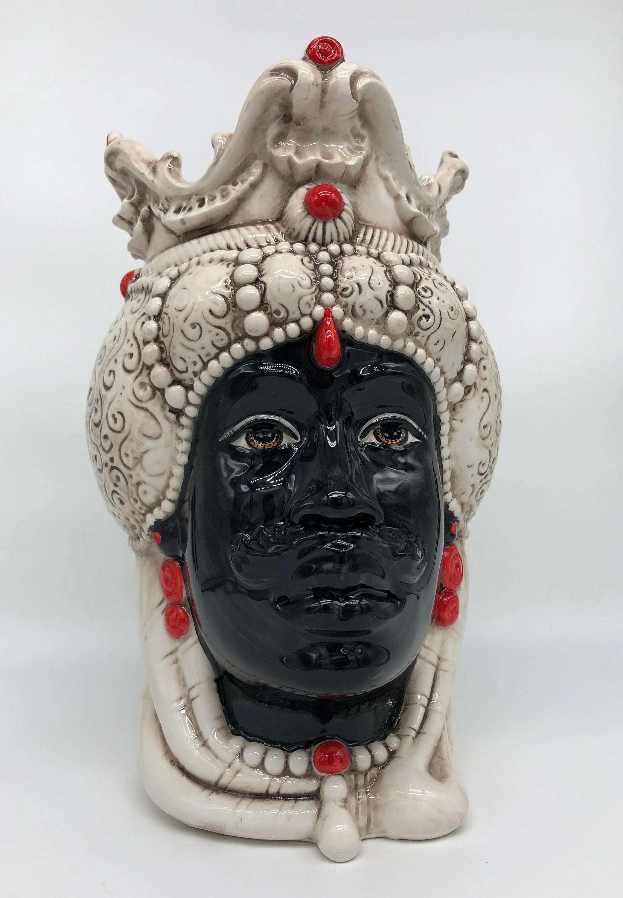 Teste di Moro Emiro Ceramica Caltagirone cm H.30 L.18 Artigianale Écru Sfere Rosso DD CERAMICHE SICILIANE